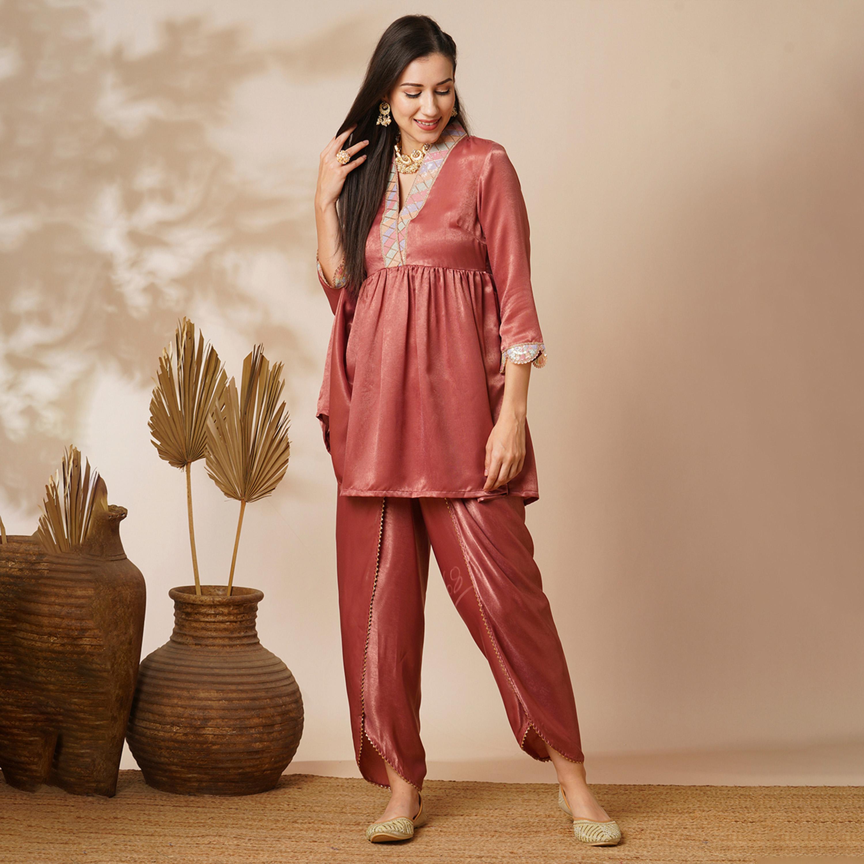 Globus X Styli Women Pink Overlapping Sequined Lace V-Neck Scalloped Sleeves Velvet Peplum Tunic And Mid-Rise Ankle Length Partial Elasticated Dhoti Fusion Co-Ord Set-women-clothing-coordsets-image-1