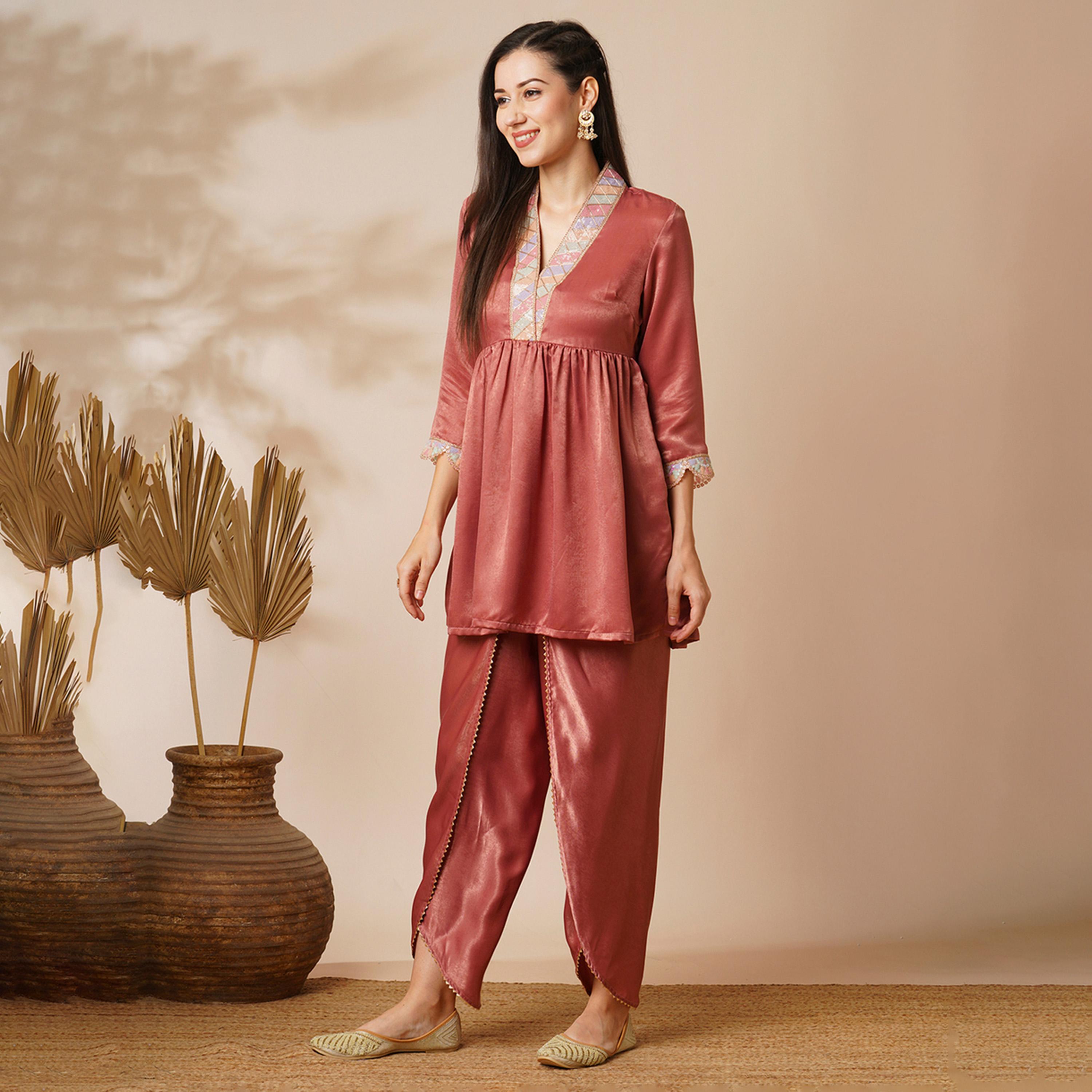 Globus X Styli Women Pink Overlapping Sequined Lace V-Neck Scalloped Sleeves Velvet Peplum Tunic And Mid-Rise Ankle Length Partial Elasticated Dhoti Fusion Co-Ord Set-women-clothing-coordsets-image-2