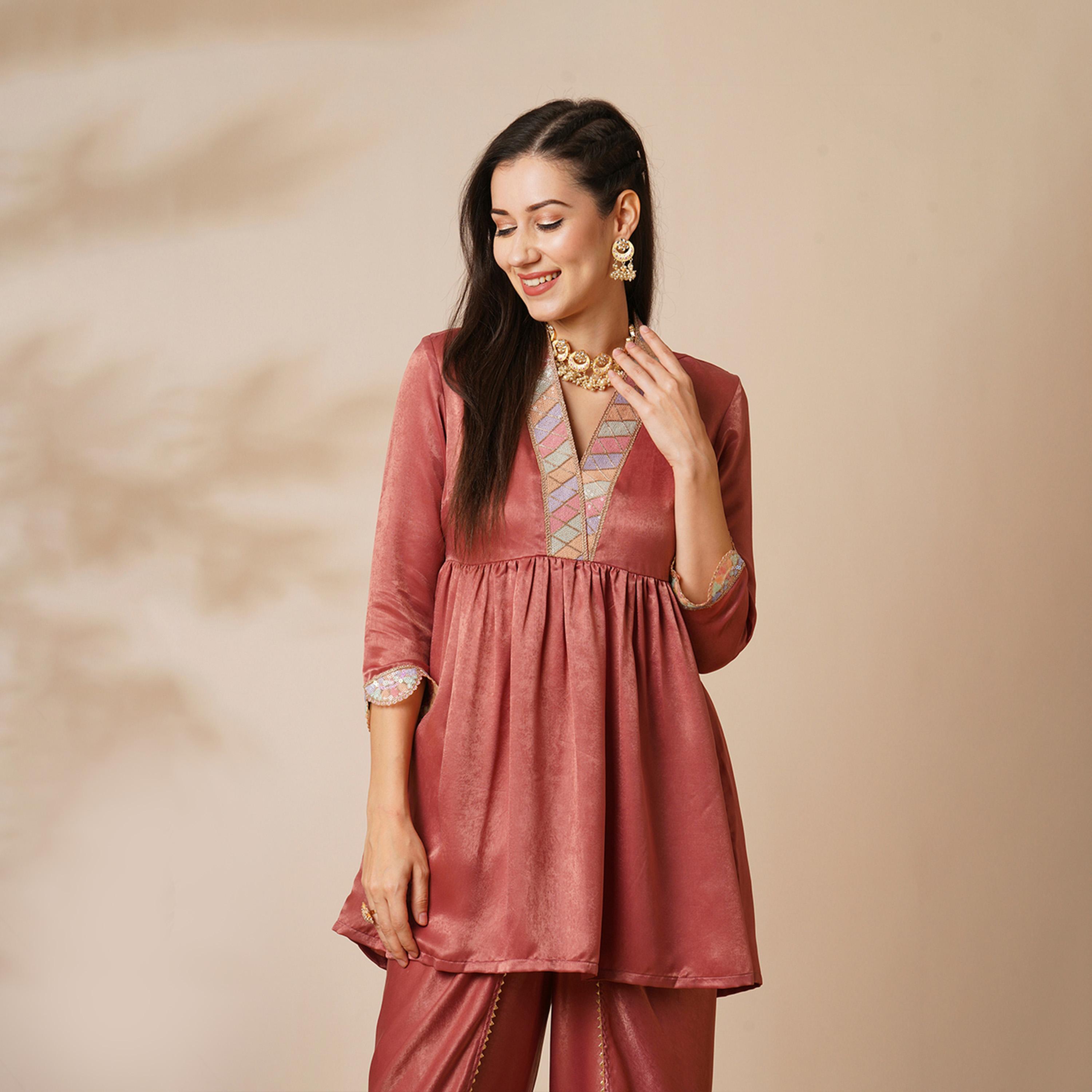 Globus X Styli Women Pink Overlapping Sequined Lace V-Neck Scalloped Sleeves Velvet Peplum Tunic And Mid-Rise Ankle Length Partial Elasticated Dhoti Fusion Co-Ord Set-women-clothing-coordsets-image-6