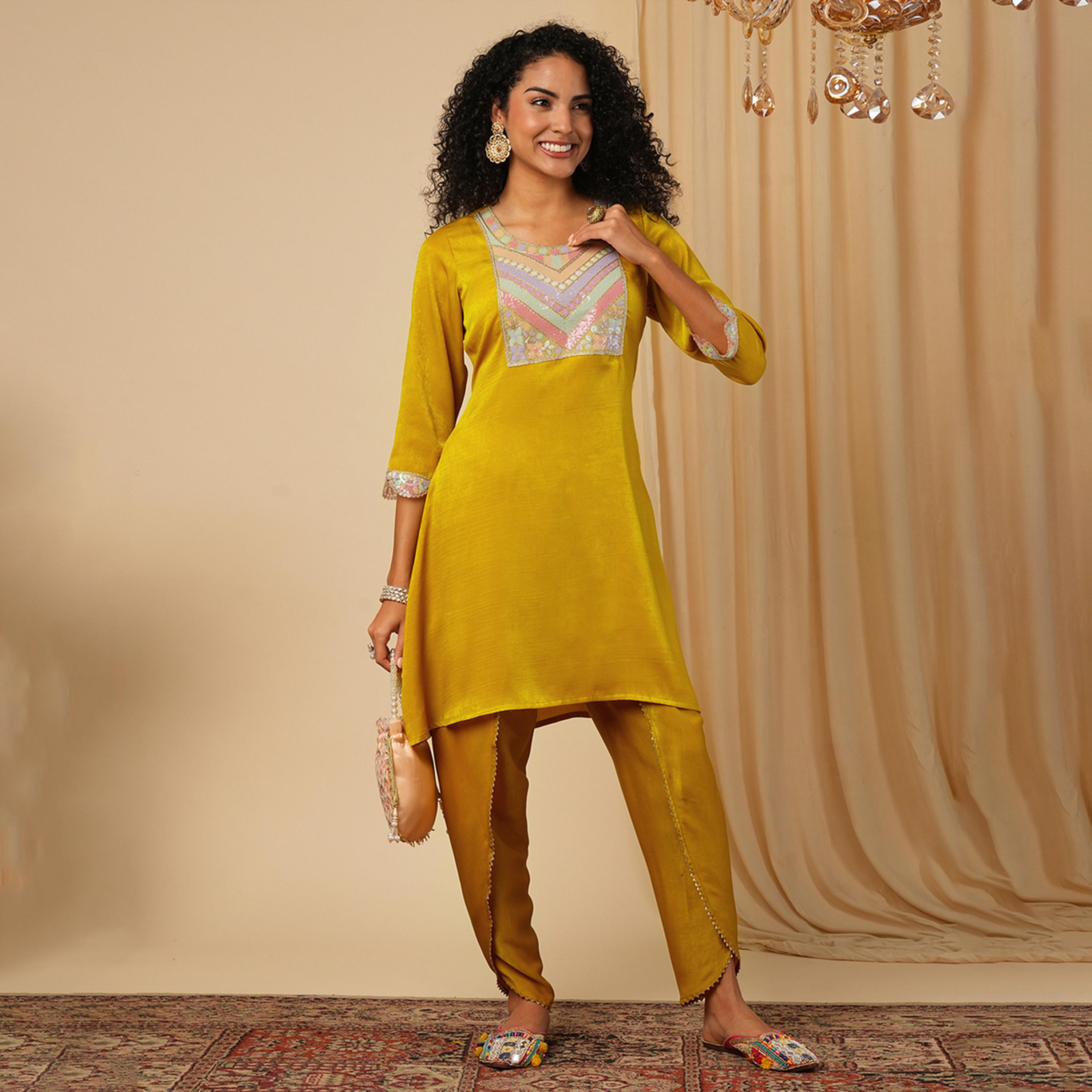 Globus X Styli Embroidered Scalloped Sleeves Hem Satin Tunic With Tulip Hem Dhoti Pants Co-Ord-women-clothing-coordsets-image-1