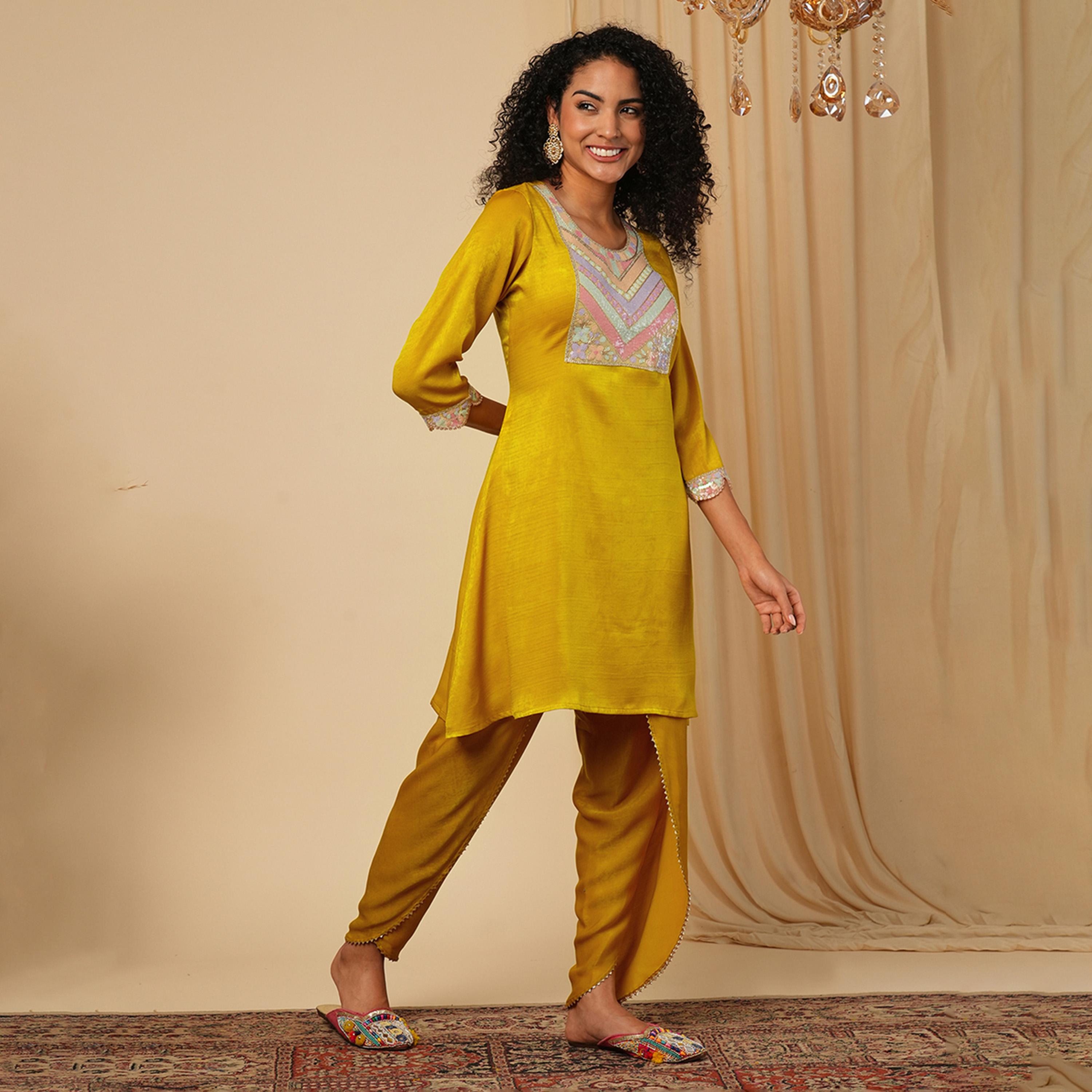 Globus X Styli Embroidered Scalloped Sleeves Hem Satin Tunic With Tulip Hem Dhoti Pants Co-Ord-women-clothing-coordsets-image-2