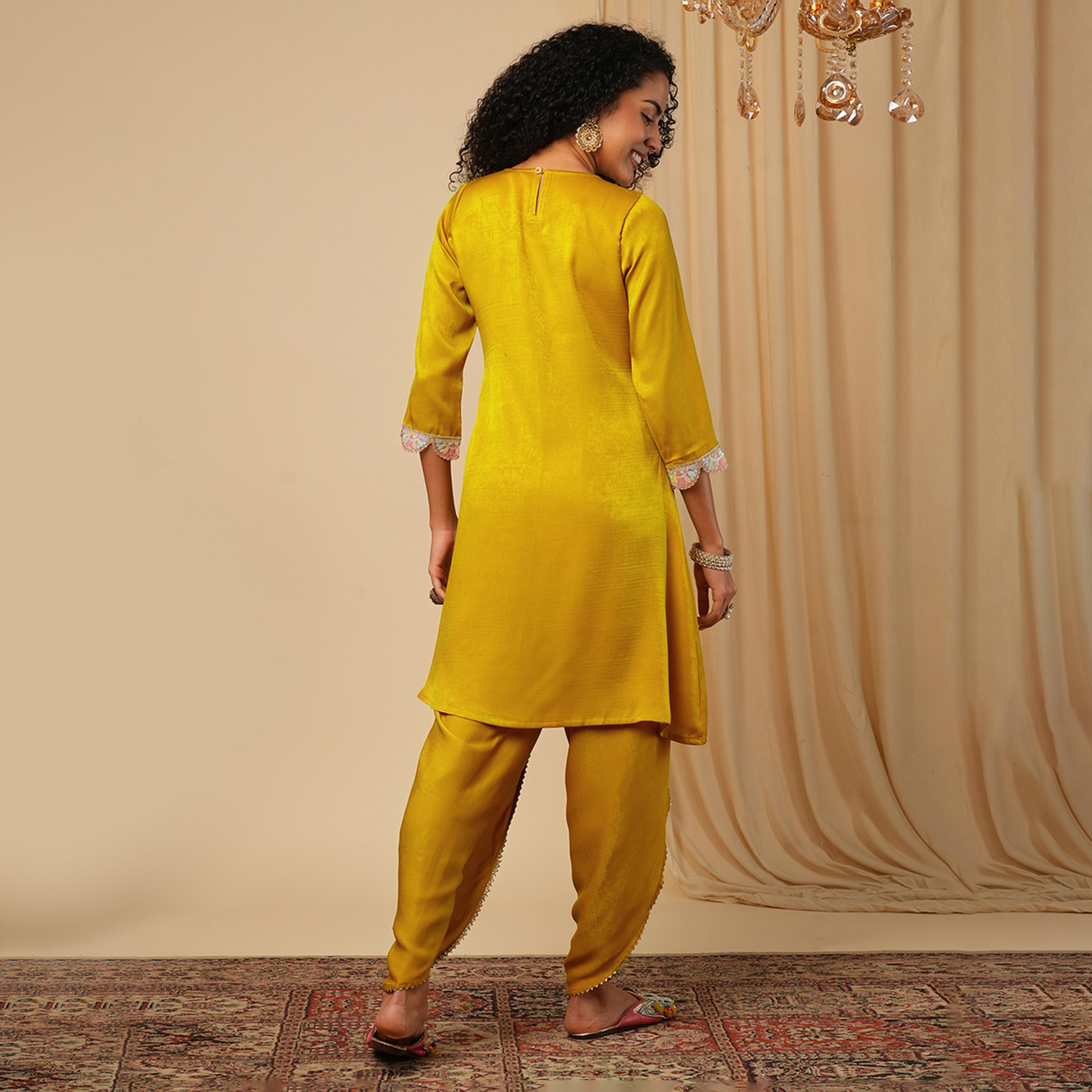 Globus X Styli Embroidered Scalloped Sleeves Hem Satin Tunic With Tulip Hem Dhoti Pants Co-Ord-women-clothing-coordsets-image-3