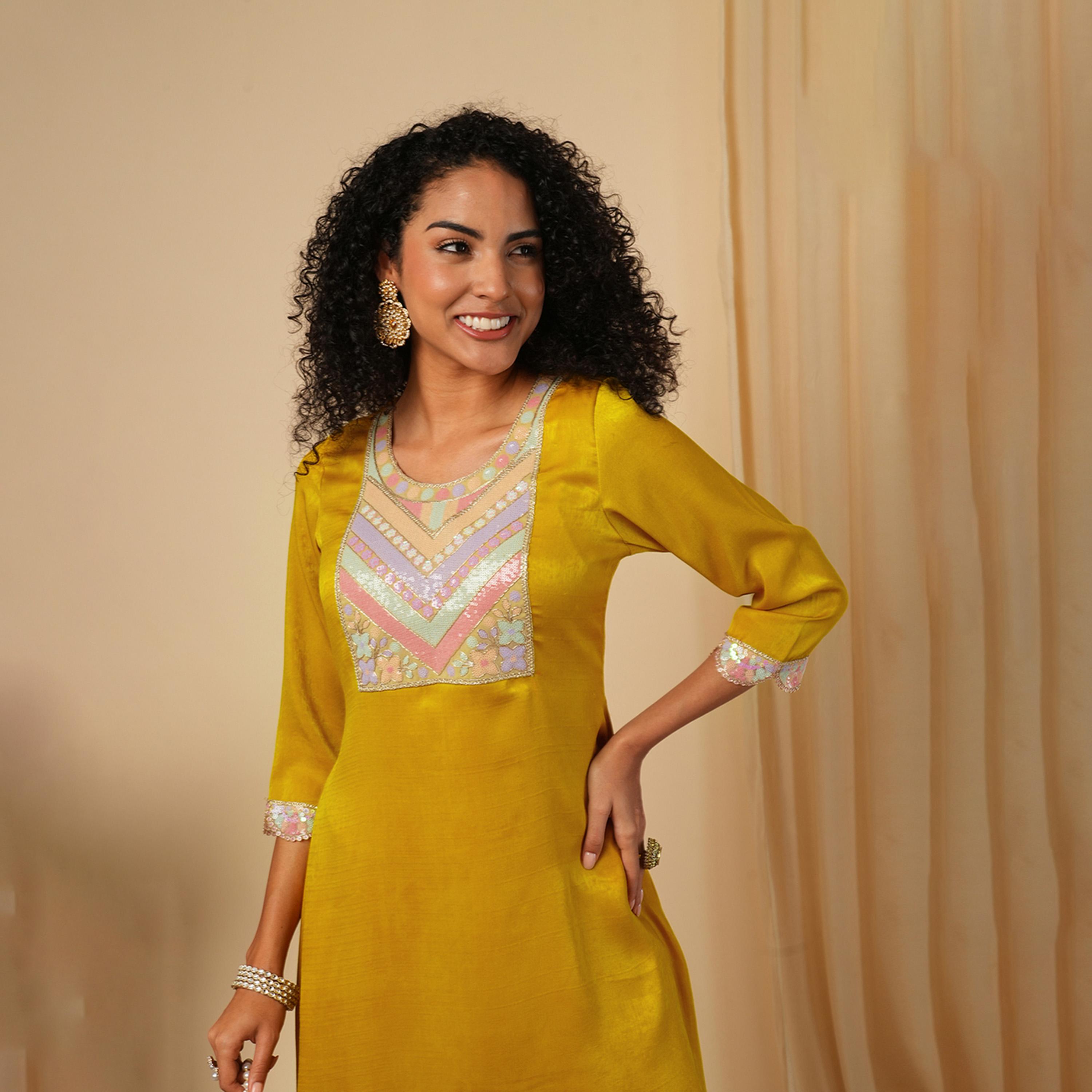 Globus X Styli Embroidered Scalloped Sleeves Hem Satin Tunic With Tulip Hem Dhoti Pants Co-Ord-women-clothing-coordsets-image-6