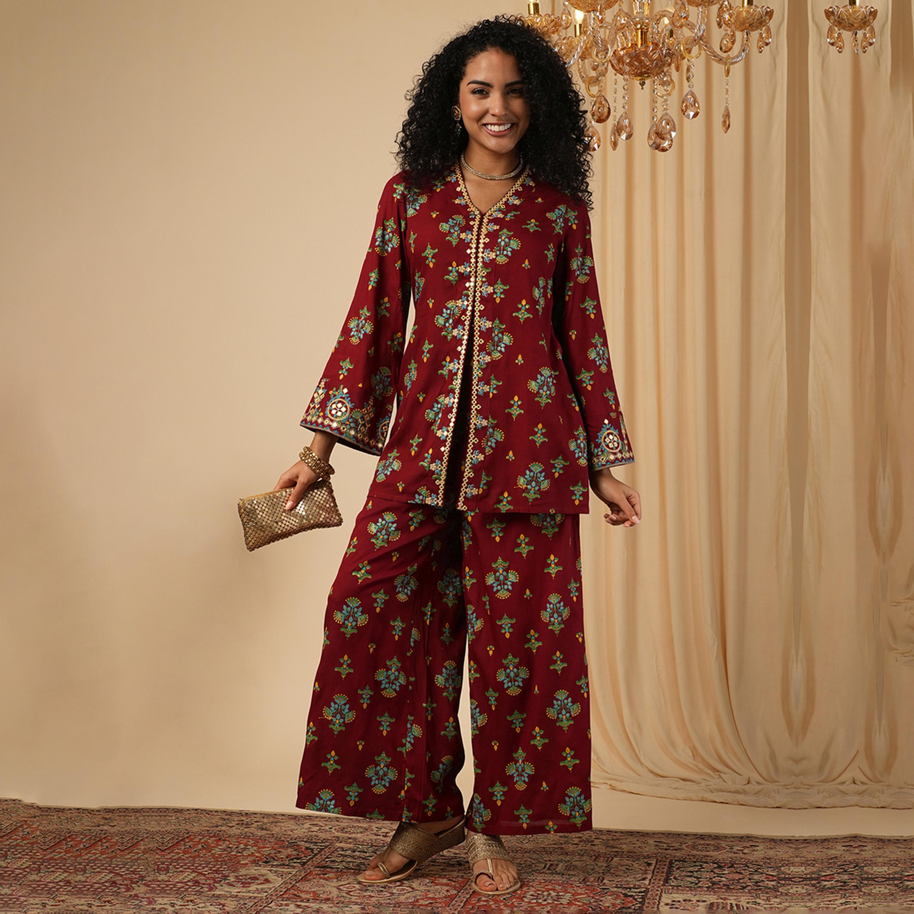 Globus X Styli Printed Mirror Work Top and Pants Co-Ords-women-clothing-coordsets-image-1