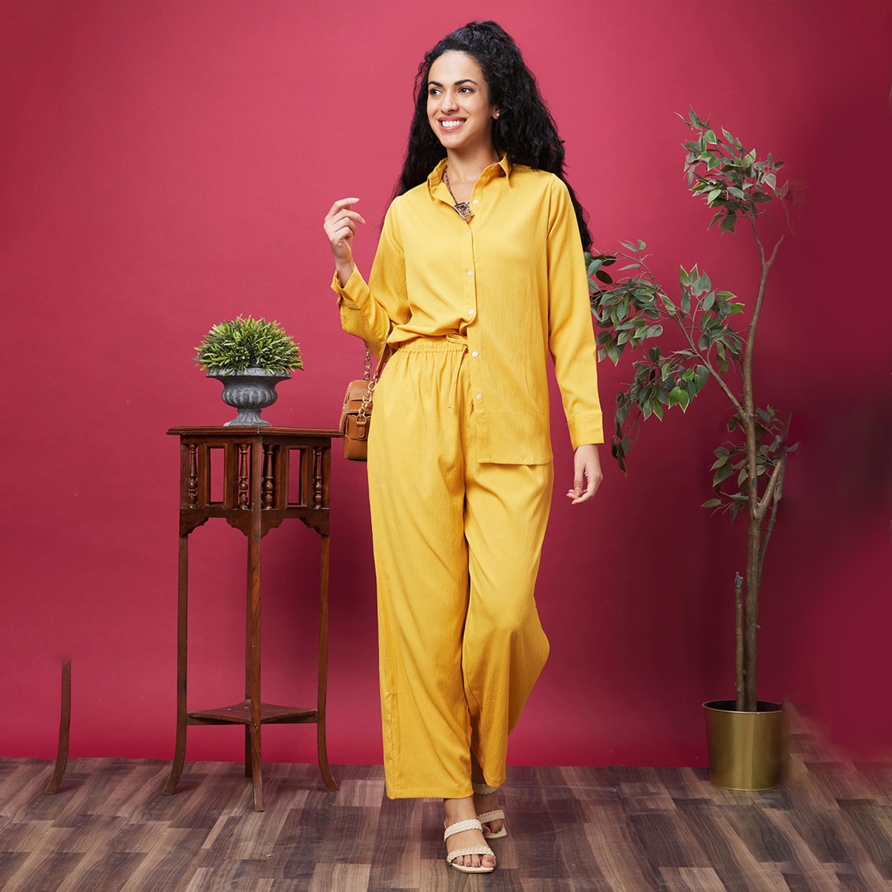Globus X Styli Women Yellow Solid Shirt Collar Co-Ords-women-clothing-coordsets-image-1