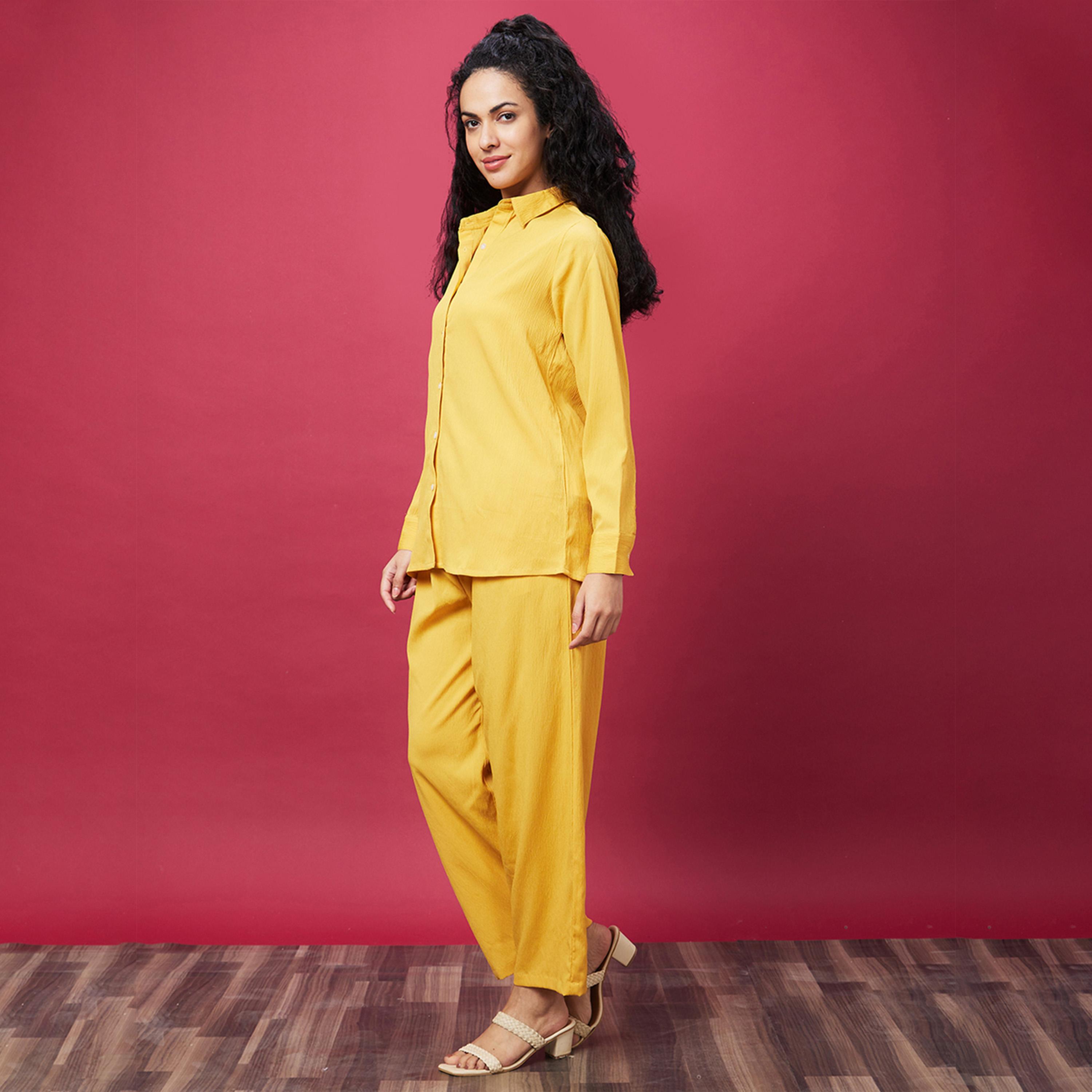 Globus X Styli Women Yellow Solid Shirt Collar Co-Ords-women-clothing-coordsets-image-2