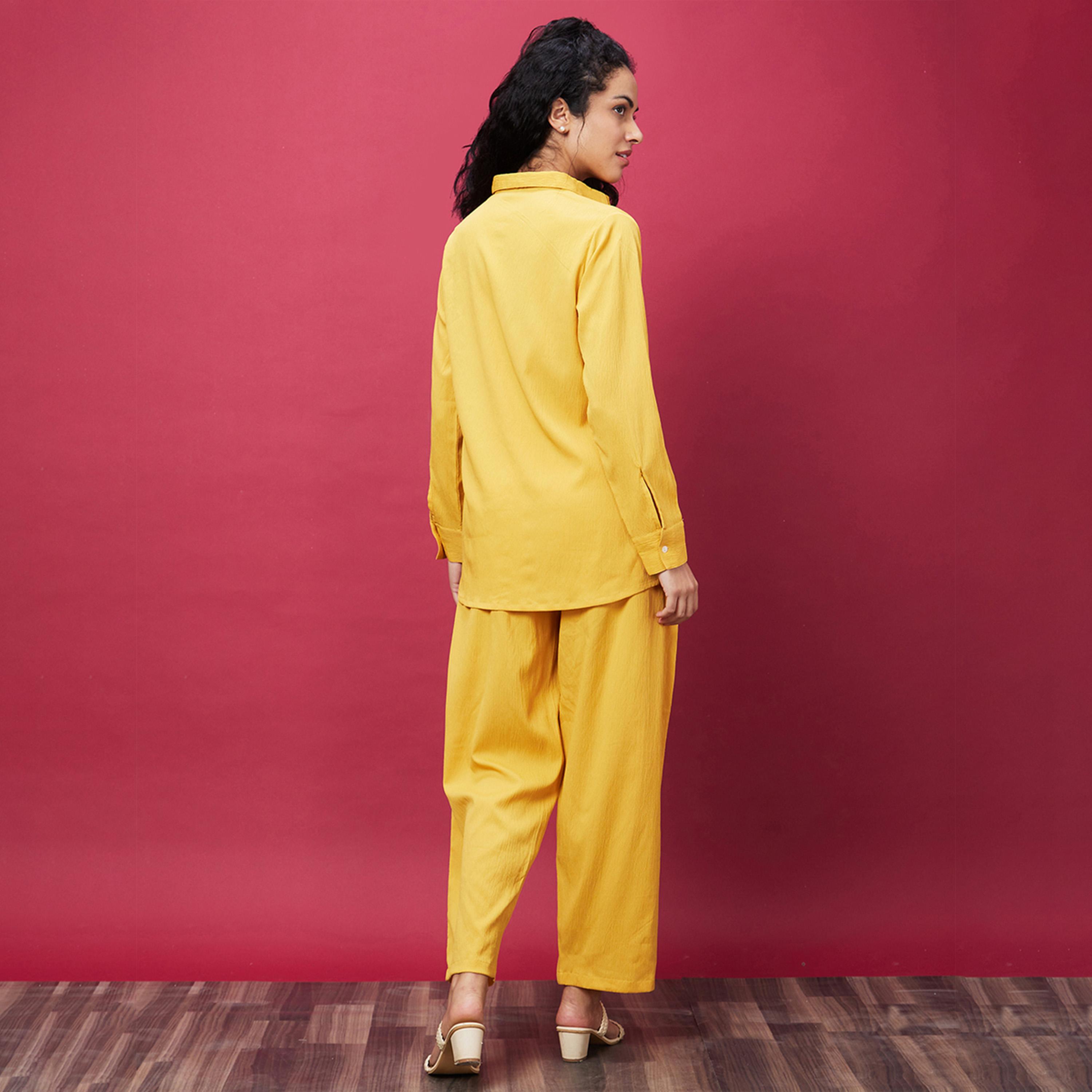 Globus X Styli Women Yellow Solid Shirt Collar Co-Ords-women-clothing-coordsets-image-3