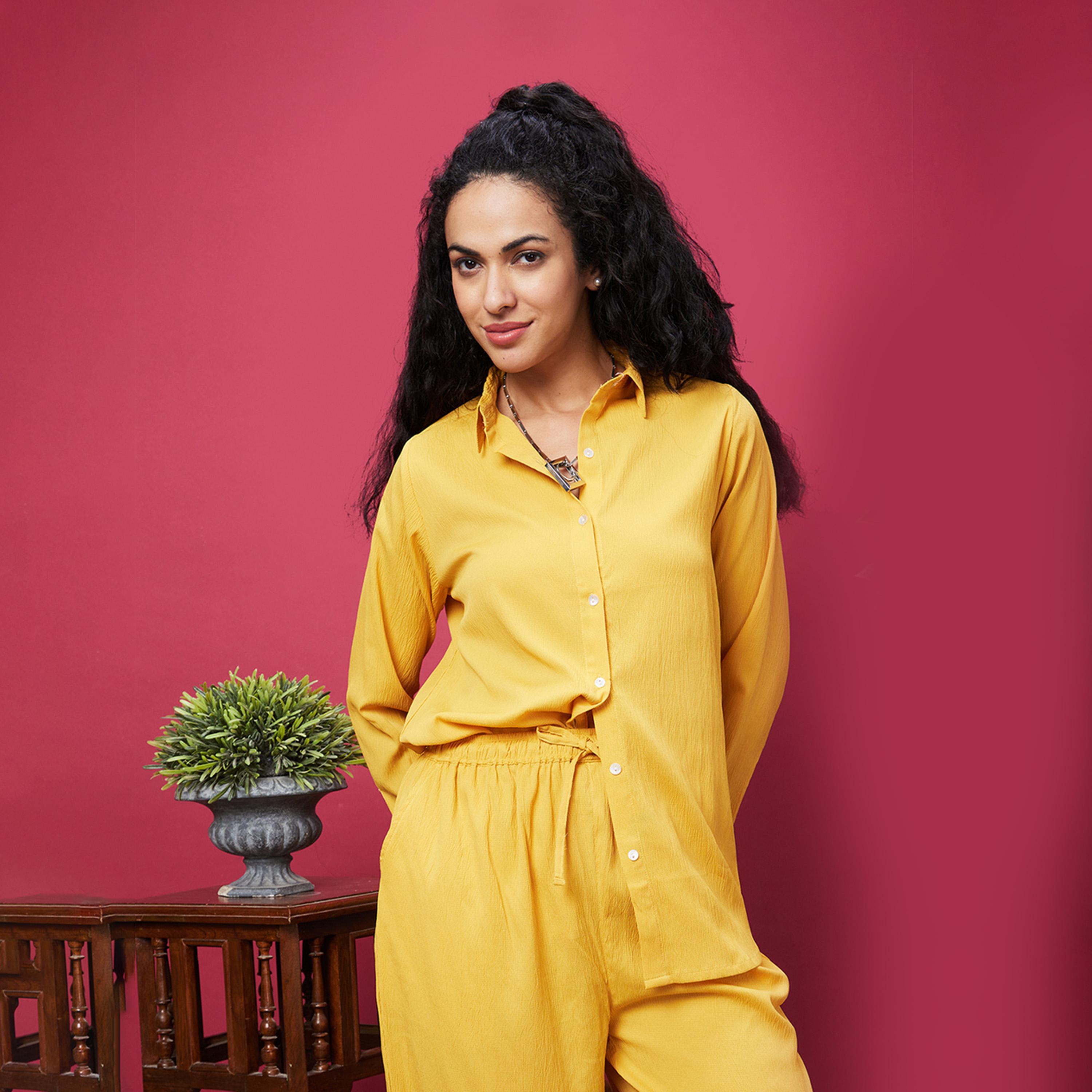 Globus X Styli Women Yellow Solid Shirt Collar Co-Ords-women-clothing-coordsets-image-6
