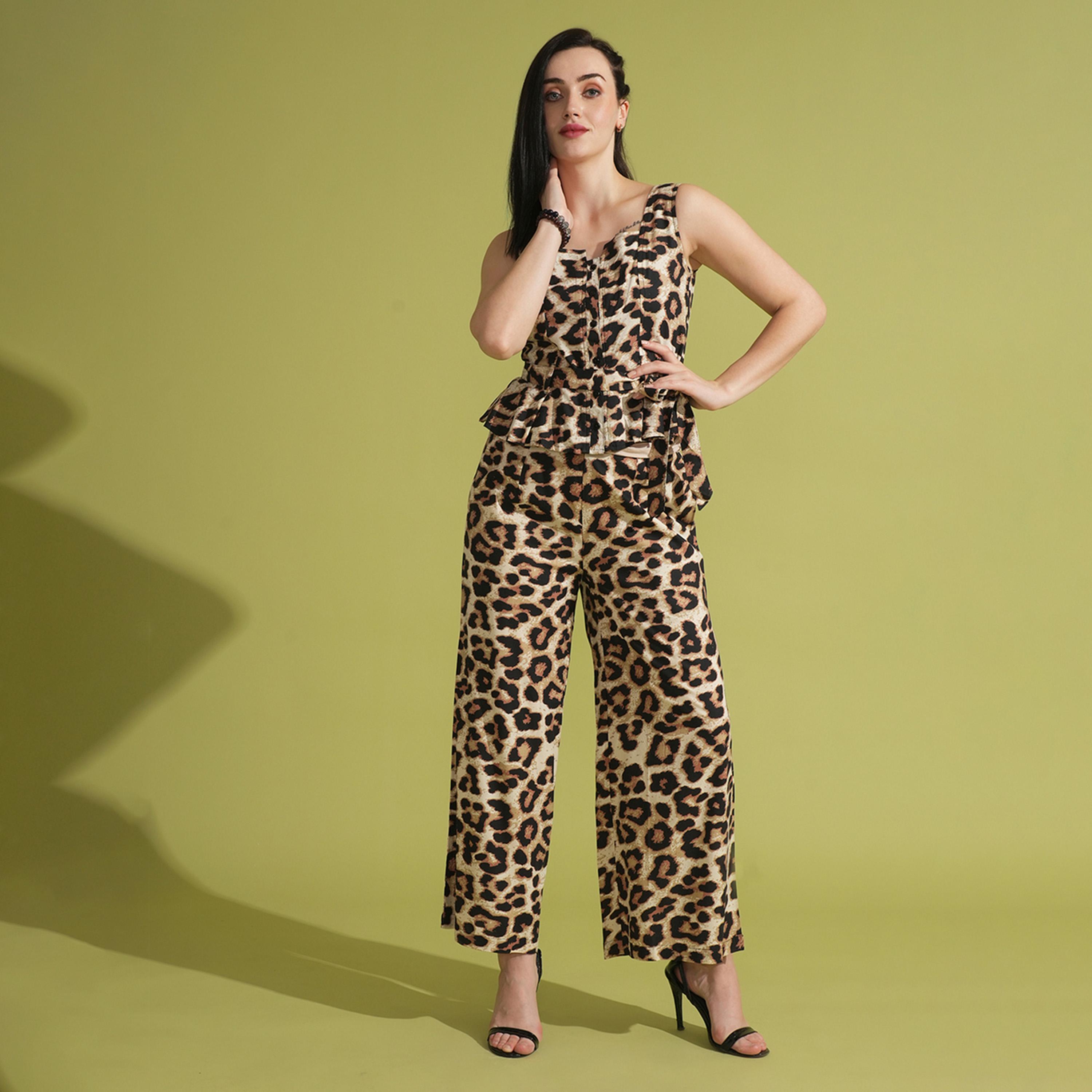 Globus X Styli Women Brown Animal Print Front Opening Waist Tie-Up Peplum Top & Partially Elasticated Ankle Length Trousers Co-ord Set-women-clothing-coordsets-image-1