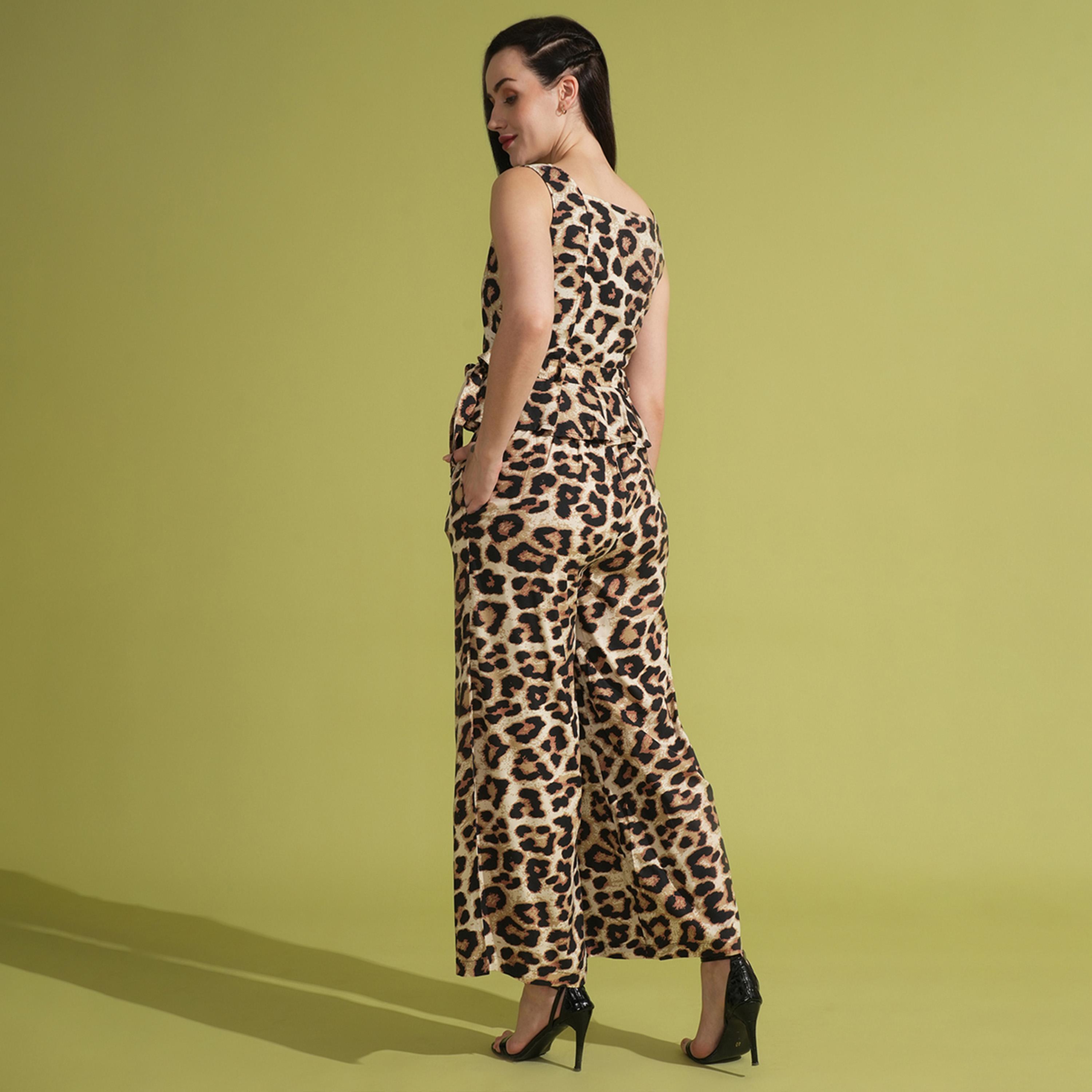 Globus X Styli Women Brown Animal Print Front Opening Waist Tie-Up Peplum Top & Partially Elasticated Ankle Length Trousers Co-ord Set-women-clothing-coordsets-image-3