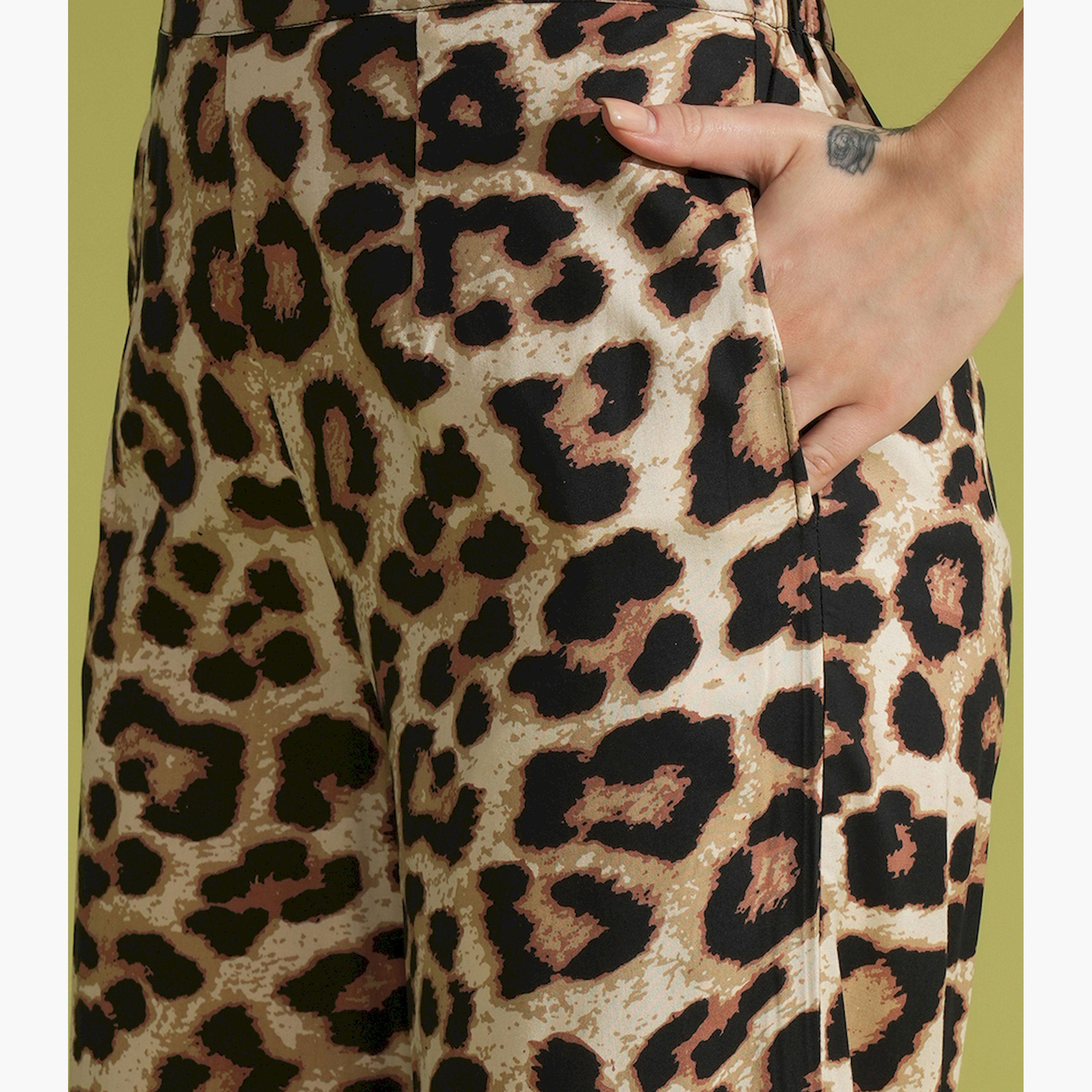 Globus X Styli Women Brown Animal Print Front Opening Waist Tie-Up Peplum Top & Partially Elasticated Ankle Length Trousers Co-ord Set-women-clothing-coordsets-image-5