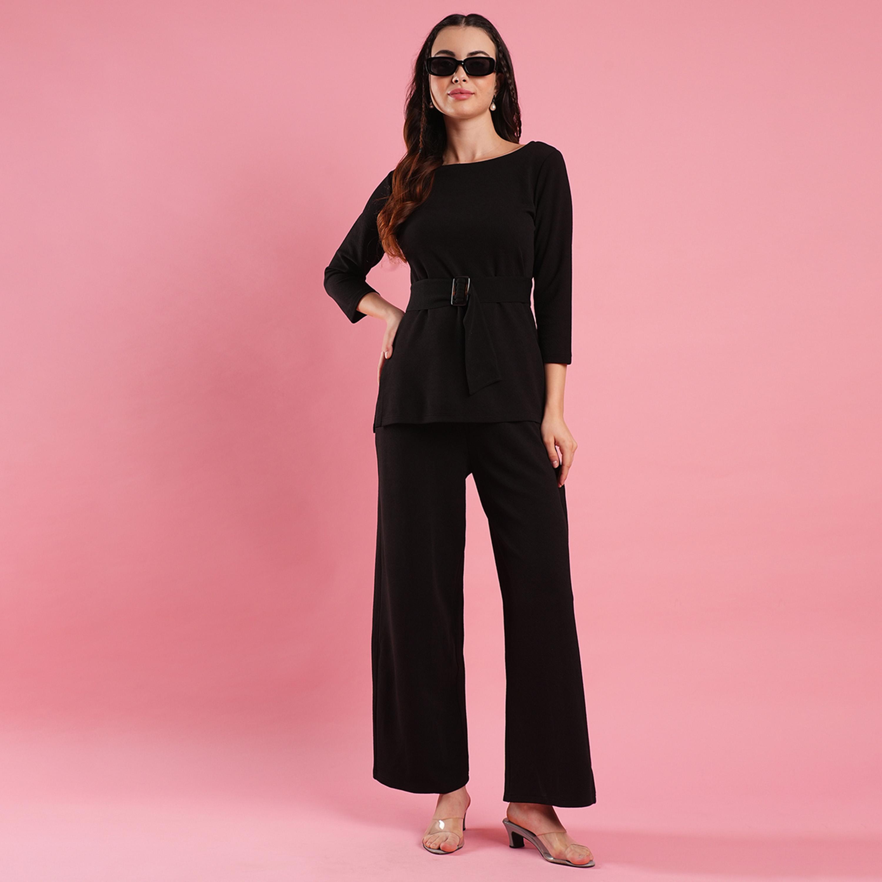 Globus X Styli Solid Boat Neck Belted Top and Flared Pants Co-Ords-women-clothing-coordsets-image-1
