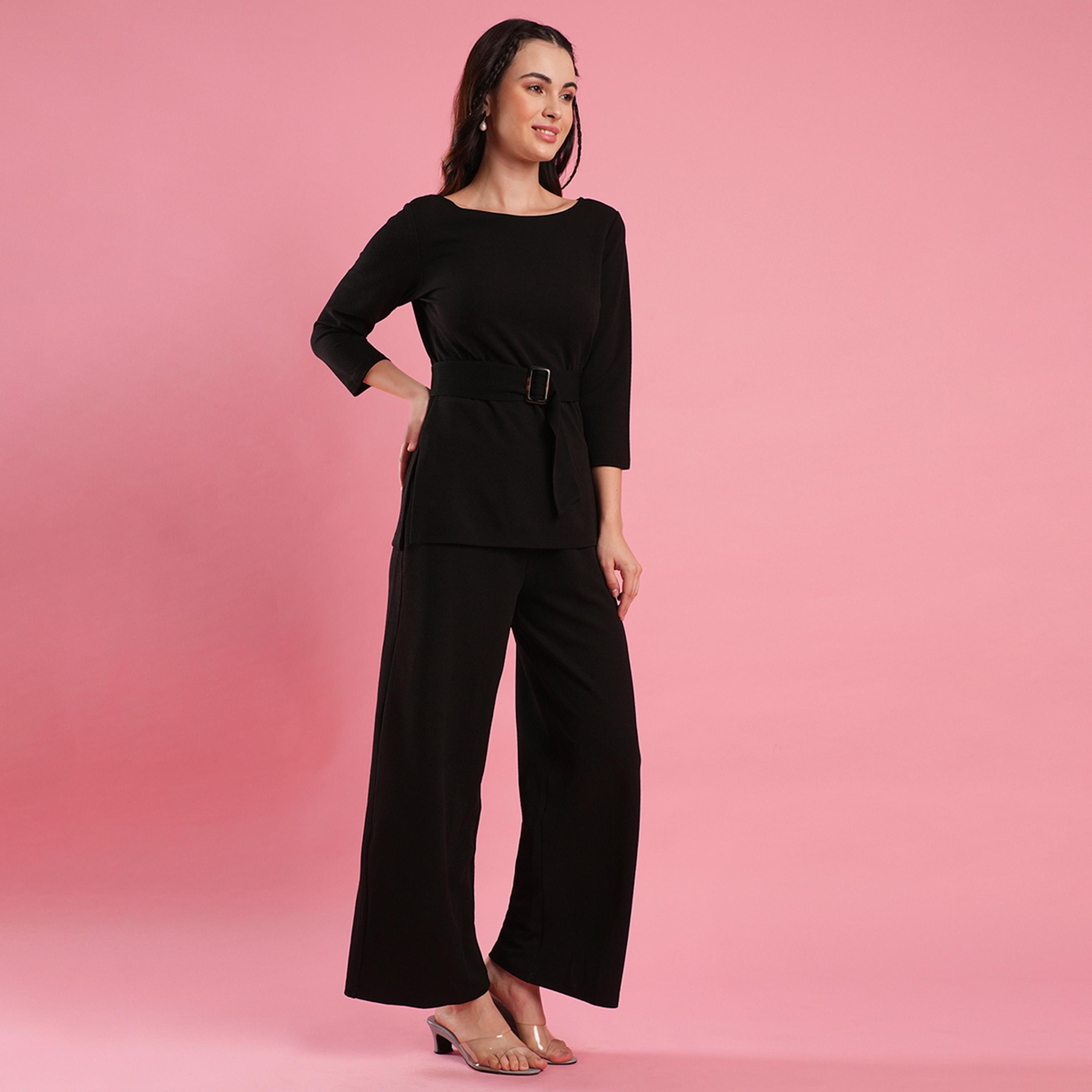 Globus X Styli Solid Boat Neck Belted Top and Flared Pants Co-Ords-women-clothing-coordsets-image-2
