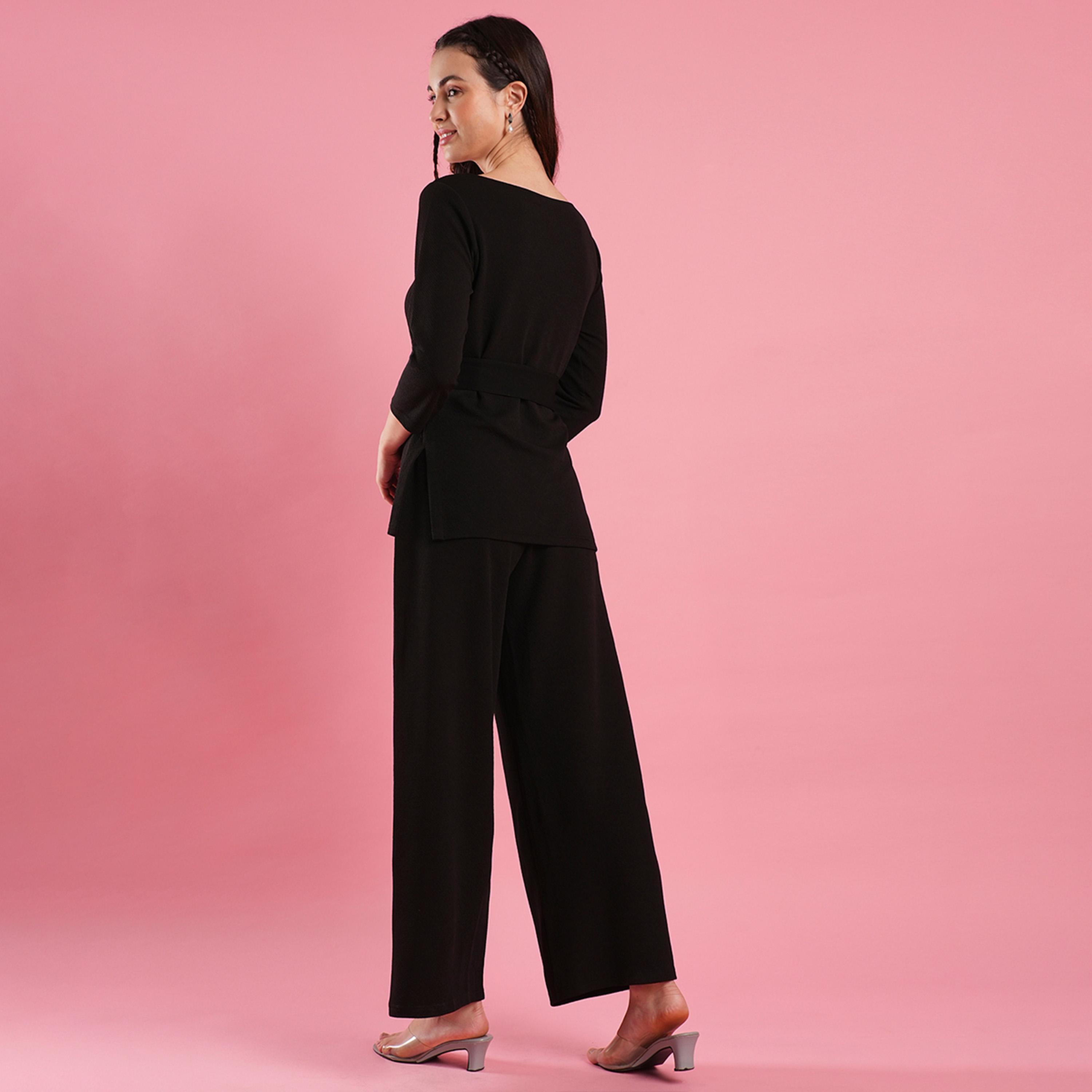 Globus X Styli Solid Boat Neck Belted Top and Flared Pants Co-Ords-women-clothing-coordsets-image-3