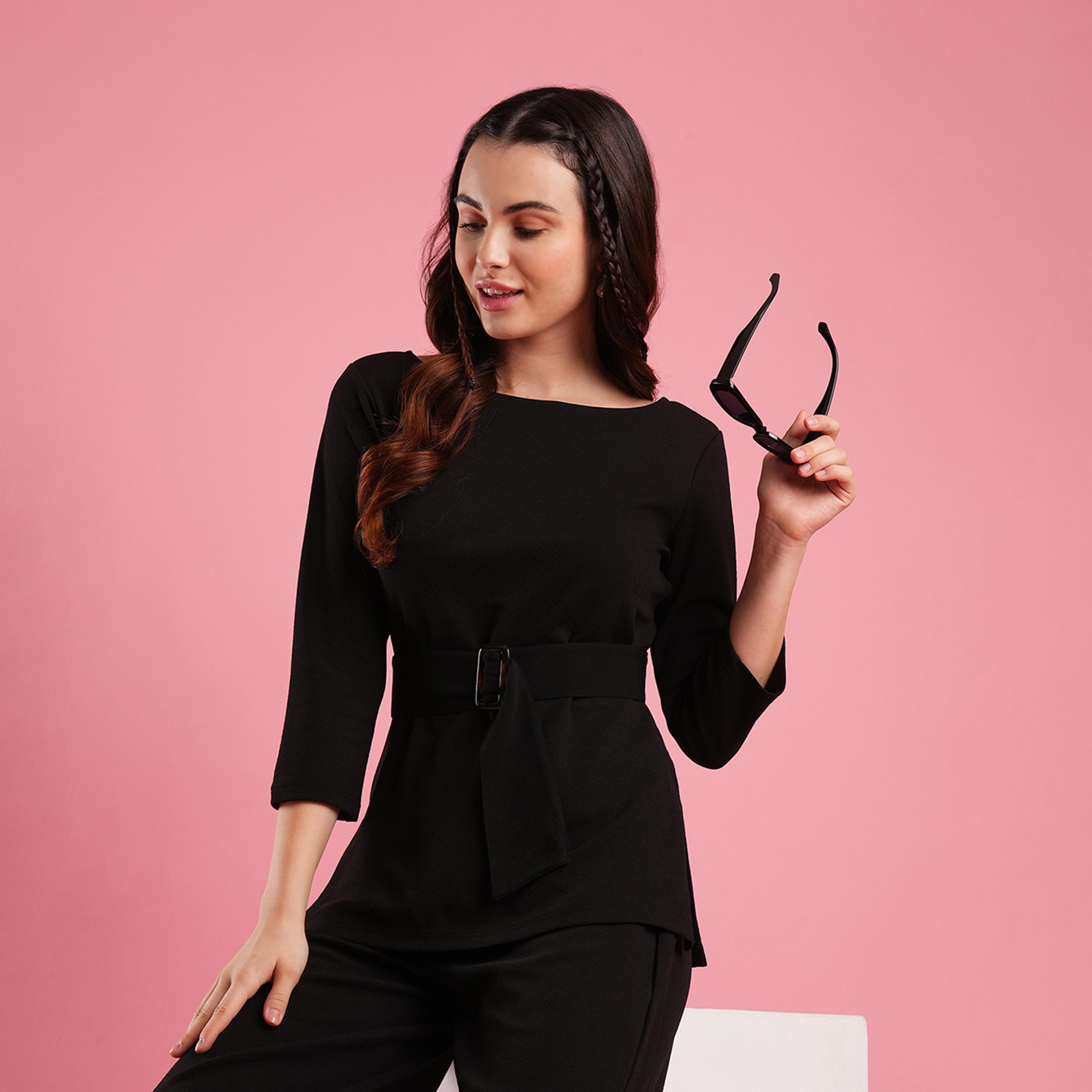 Globus X Styli Solid Boat Neck Belted Top and Flared Pants Co-Ords-women-clothing-coordsets-image-6