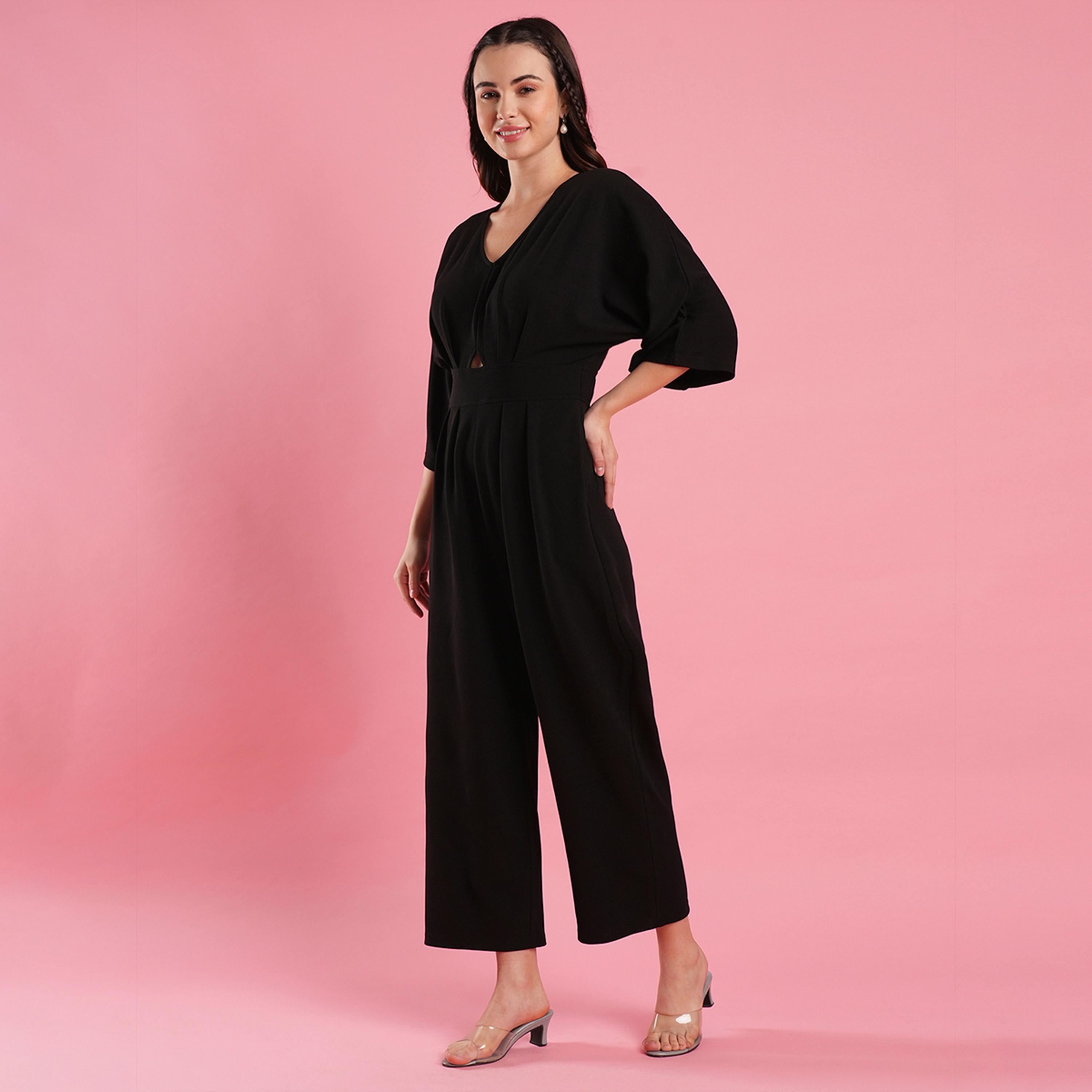 Globus X Styli Solid V-Neck Batwing Sleeves Cut Out Detail Jumpsuit-women-clothing-jumpsuits-image-2
