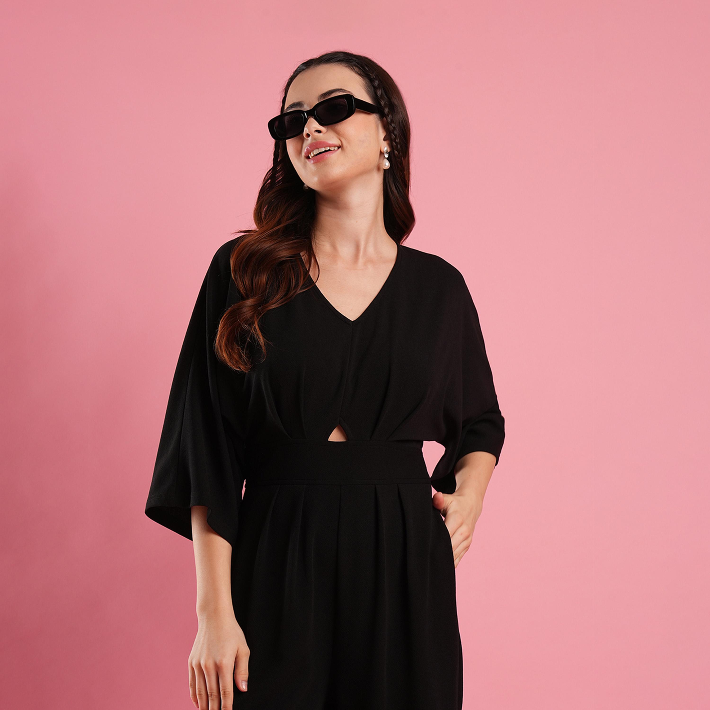 Globus X Styli Solid V-Neck Batwing Sleeves Cut Out Detail Jumpsuit-women-clothing-jumpsuits-image-6