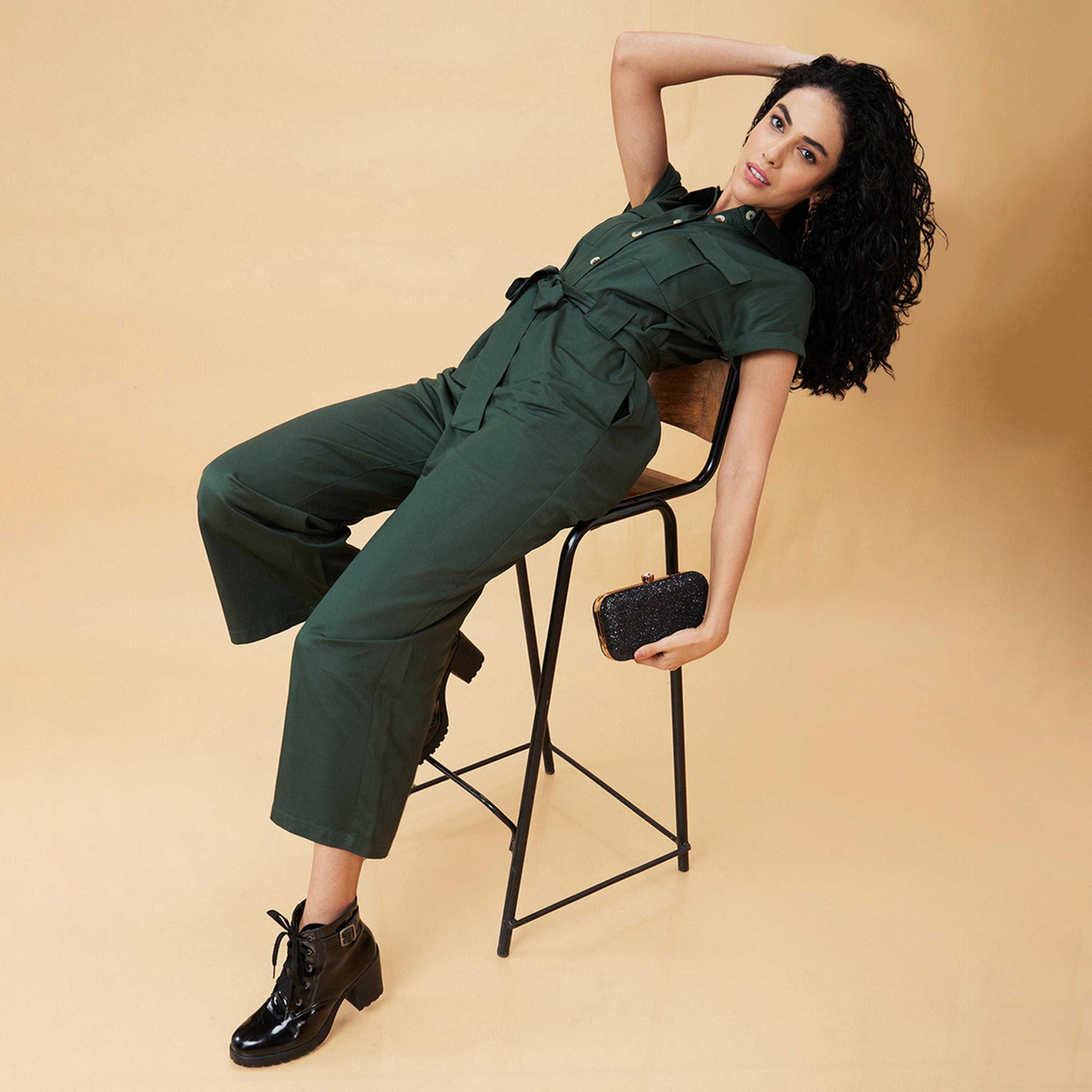 Globus X Styli Solid Spread Collar Jumpsuit With Waist Tie-Up-women-clothing-jumpsuits-image-1