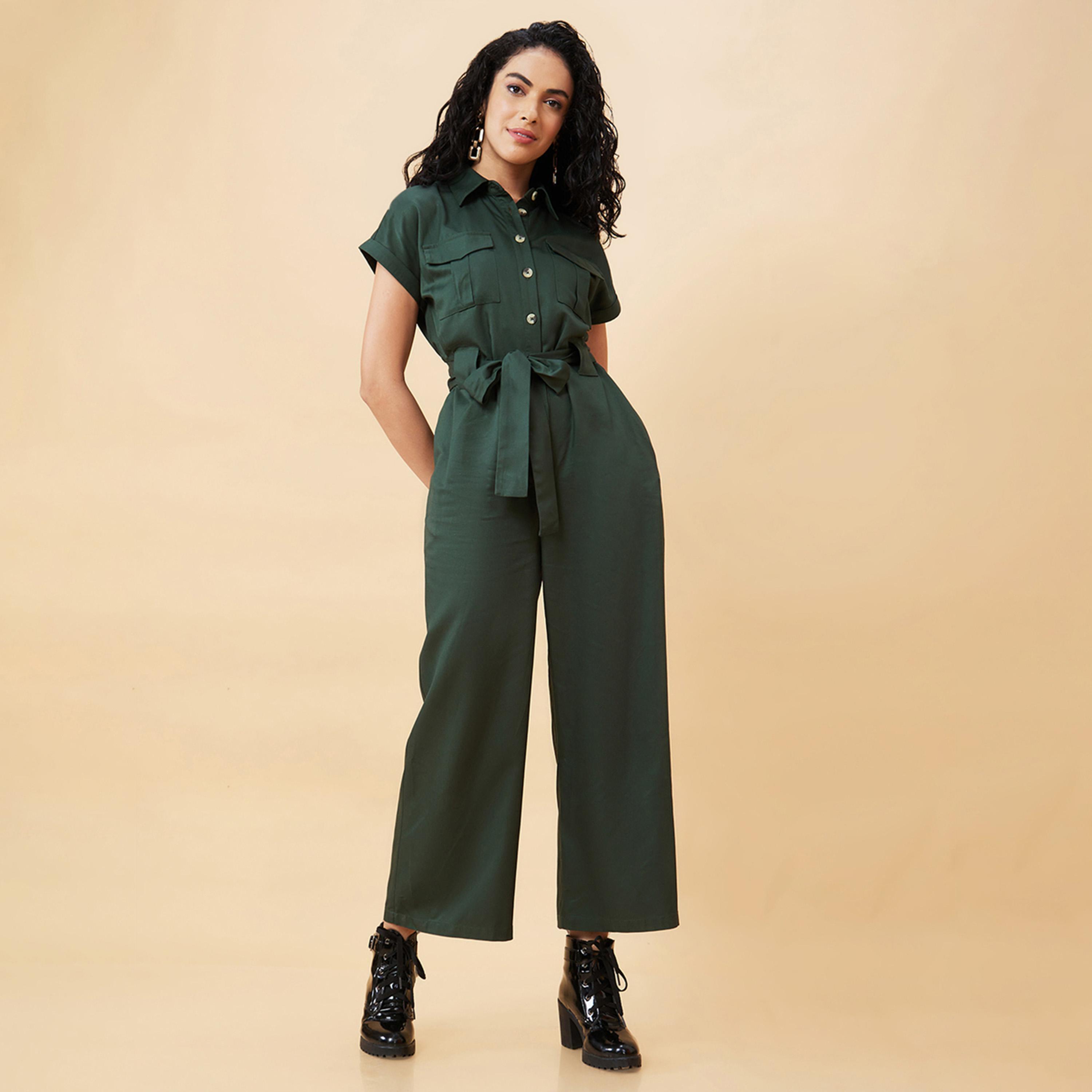 Globus X Styli Solid Spread Collar Jumpsuit With Waist Tie-Up-women-clothing-jumpsuits-image-2