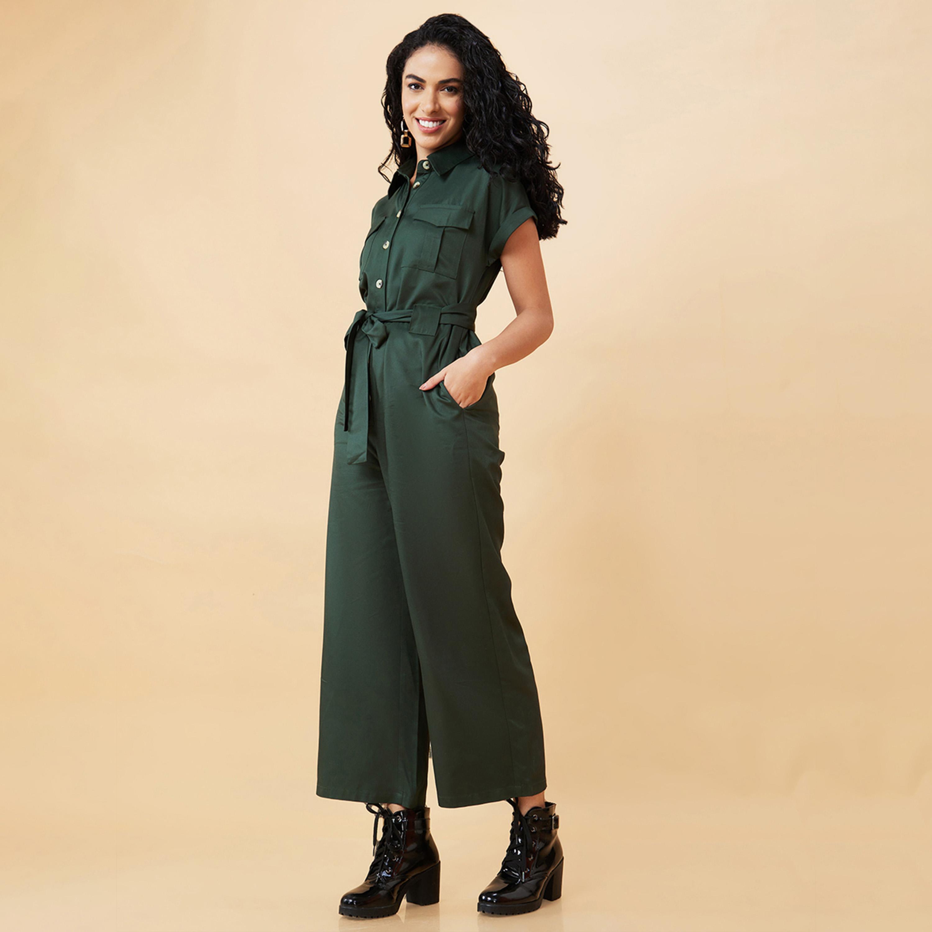 غلوبوس × ستايلي - جمبسوت سادة بياقة واسعة ورباط خصر-women-clothing-jumpsuits-image-4
