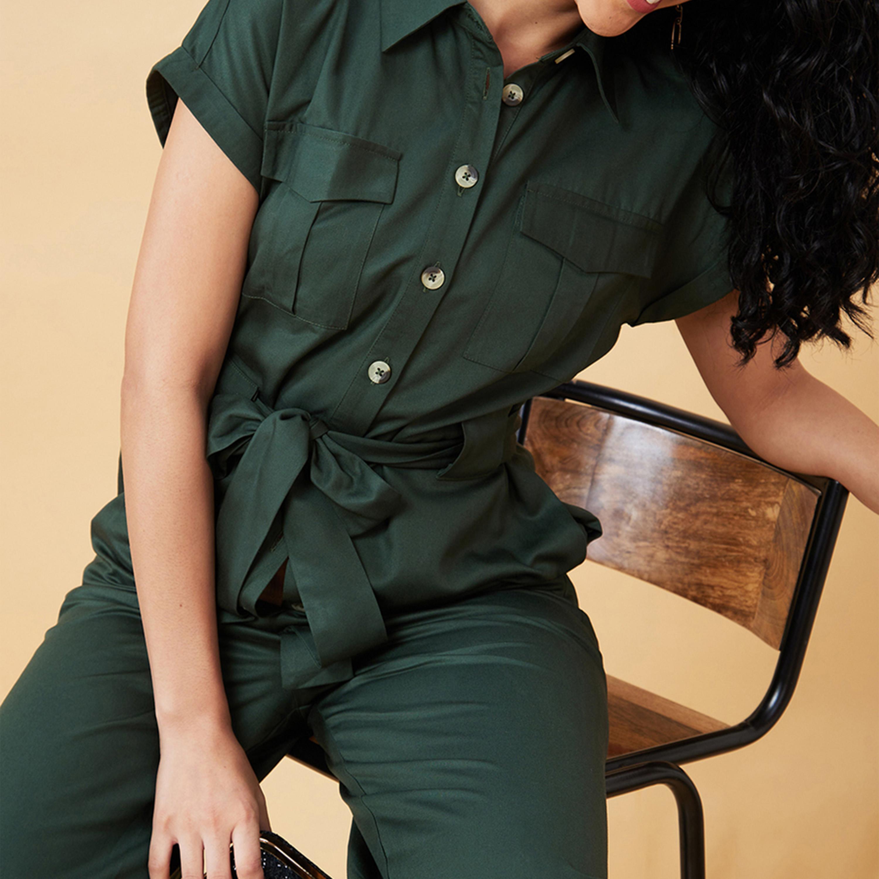 Globus X Styli Solid Spread Collar Jumpsuit With Waist Tie-Up-women-clothing-jumpsuits-image-6