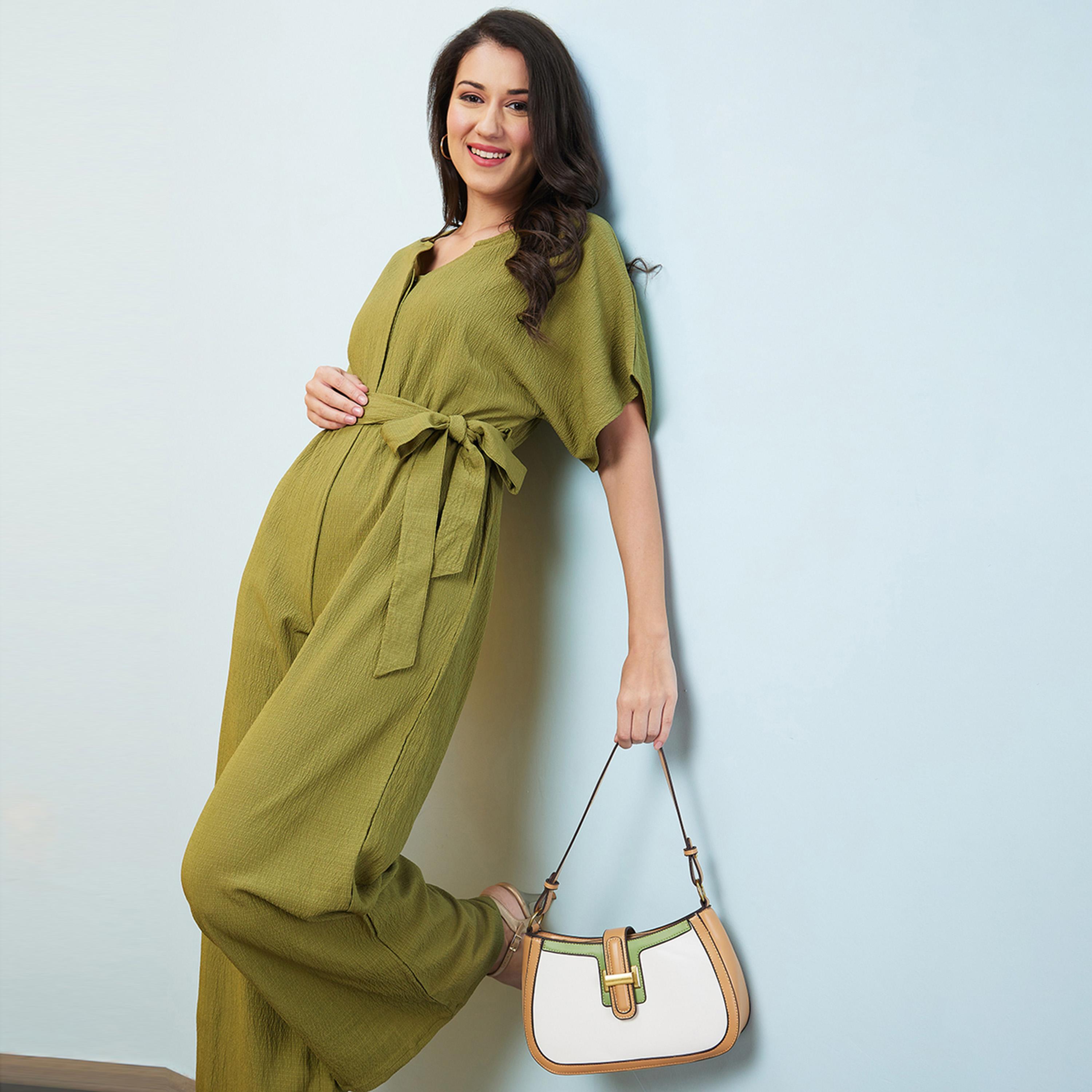 Globus X Styli Globus Women Green Solid V-Neck Drop Shoulder Waist Tie-Up Jumpsuit-women-clothing-jumpsuits-image-1