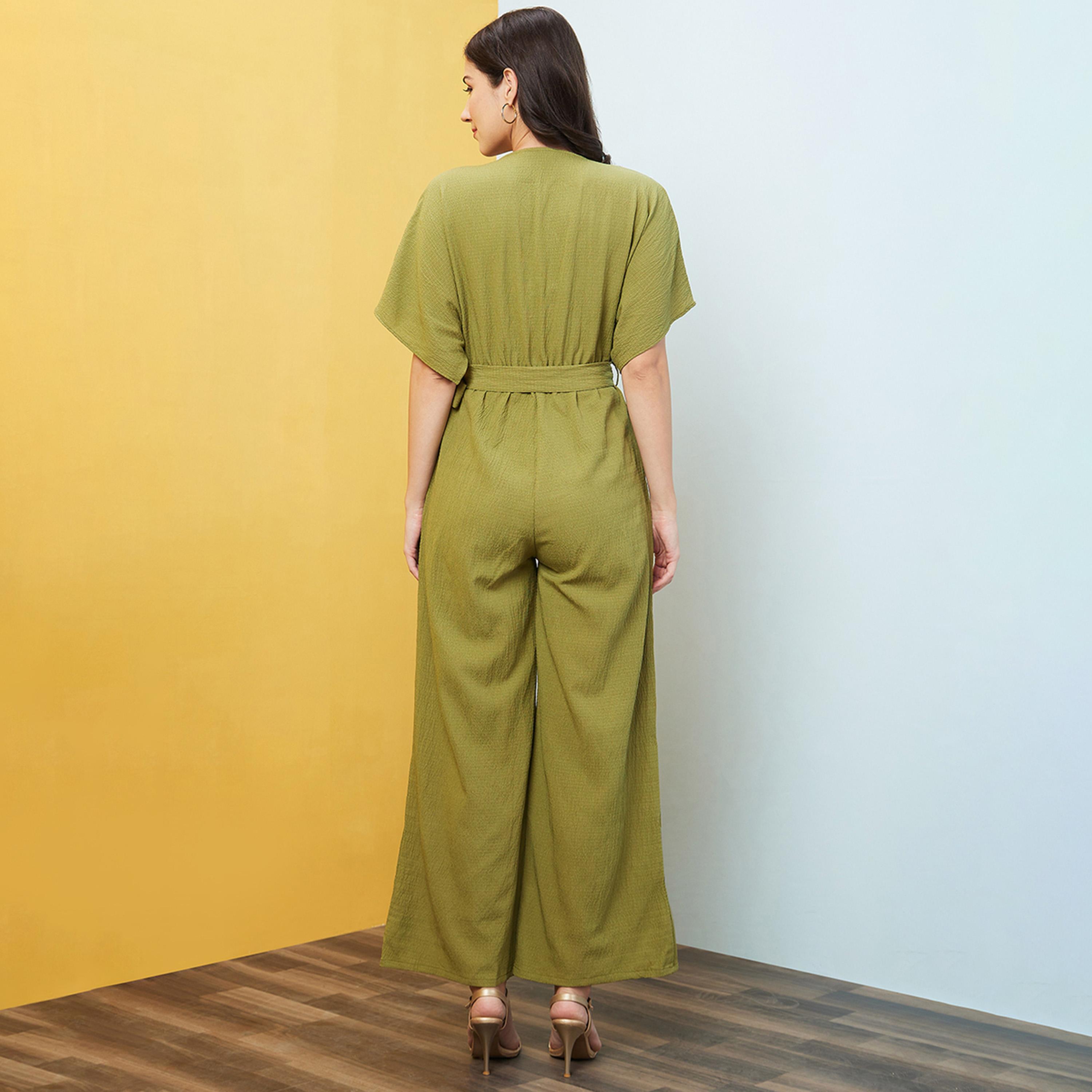 Globus X Styli Globus Women Green Solid V-Neck Drop Shoulder Waist Tie-Up Jumpsuit-women-clothing-jumpsuits-image-3