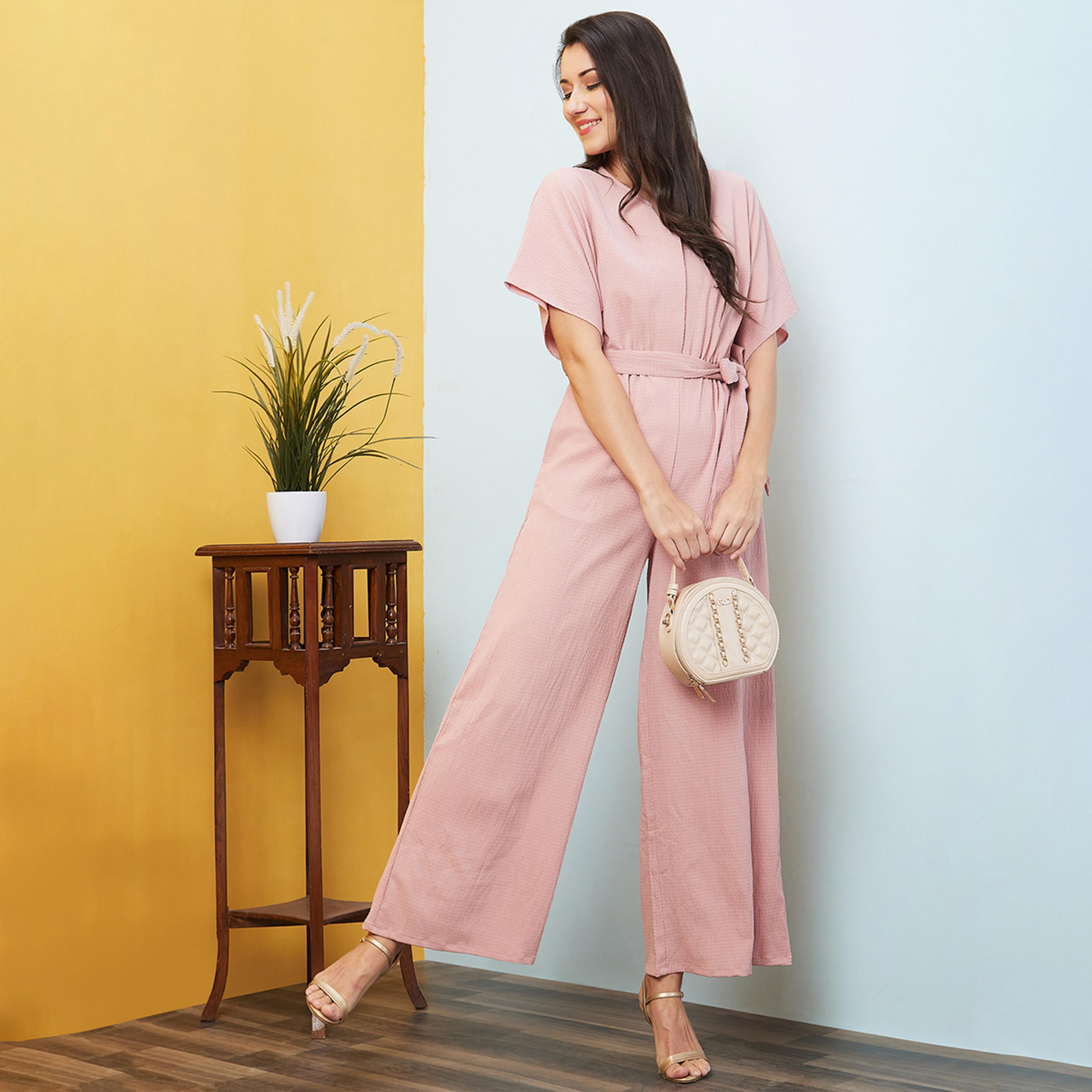 Globus X Styli Solid V-Neck Drop Shoulder Waist Tie-Up Jumpsuit-women-clothing-jumpsuits-image-1