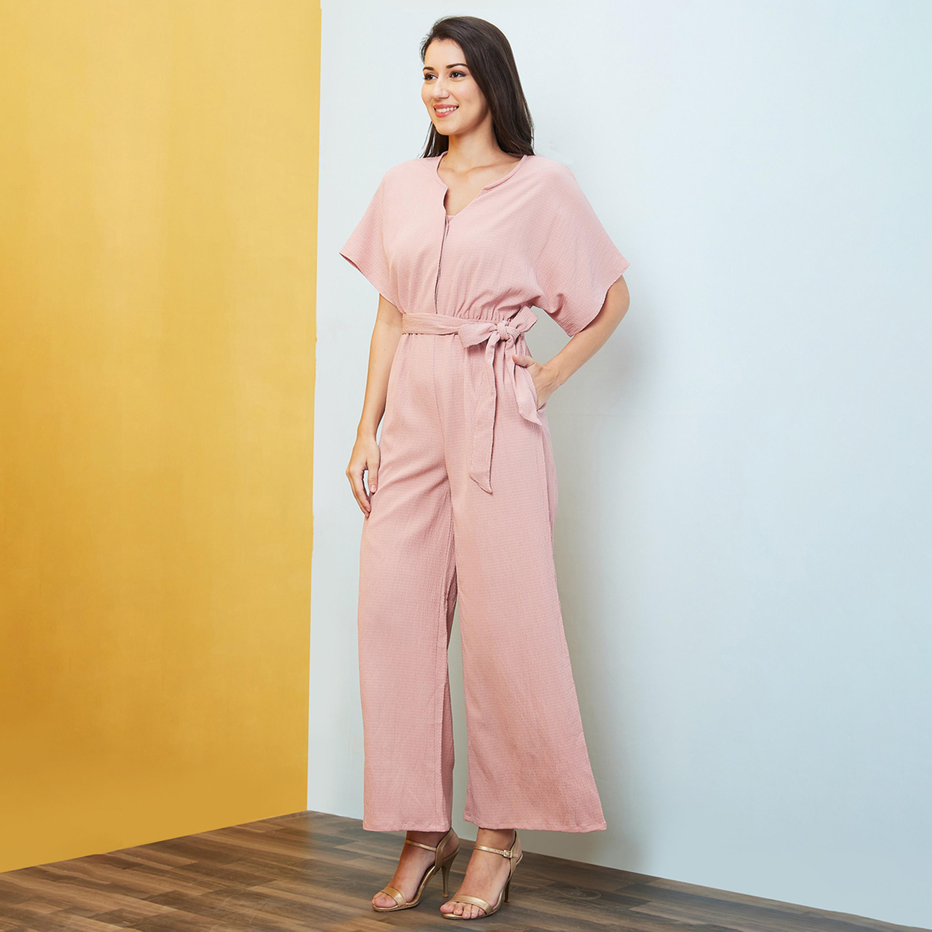 Globus X Styli Solid V-Neck Drop Shoulder Waist Tie-Up Jumpsuit-women-clothing-jumpsuits-image-2