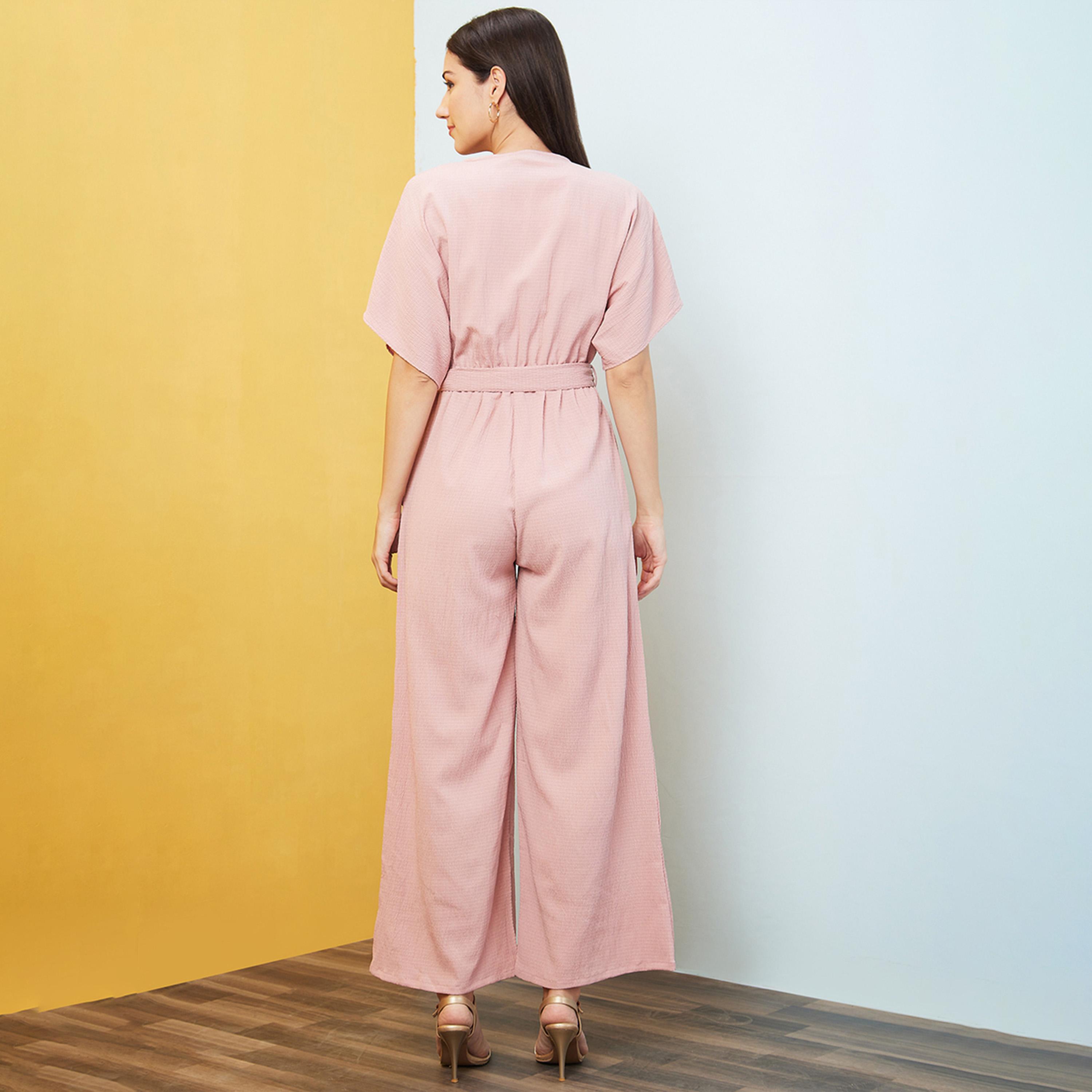 غلوبوس × ستايلي - جمبسوت سادة بفتحة رقبة على شكل حرف V وأكتاف منسدلة ورباط على الخصر-women-clothing-jumpsuits-image-3