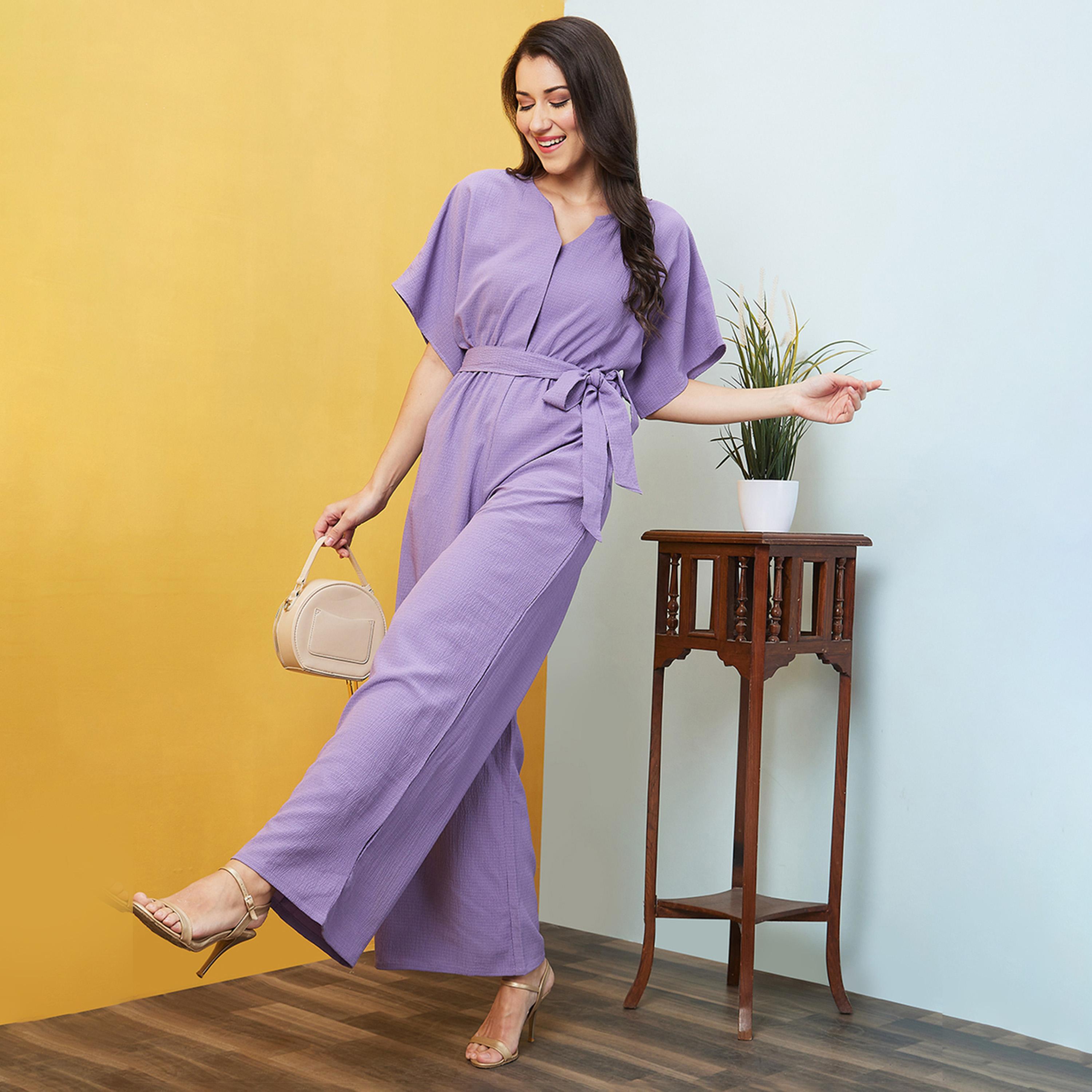 Globus X Styli Solid V-Neck Kimono Sleeve Waist Tie-Up Jumpsuit-women-clothing-jumpsuits-image-1