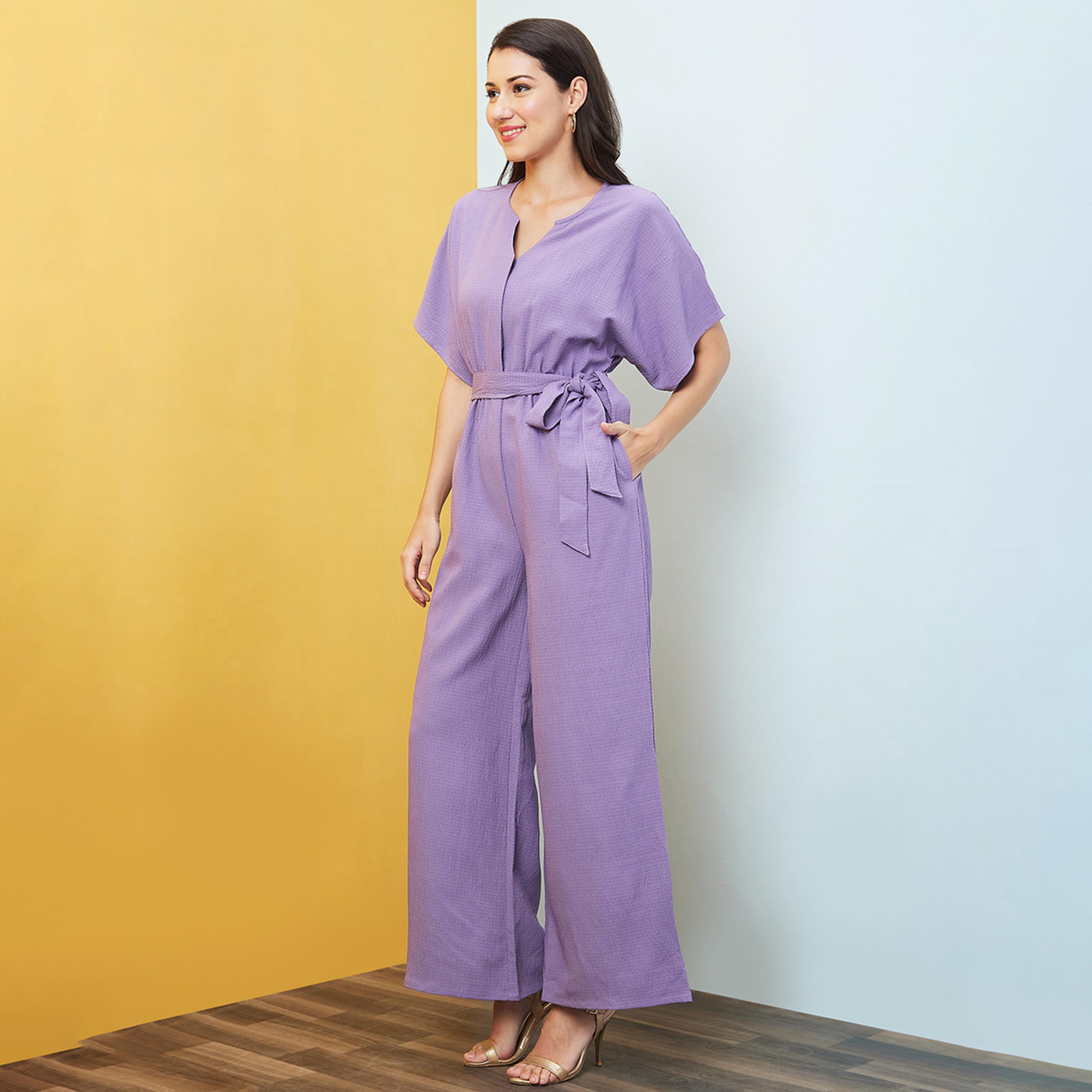 Globus X Styli Solid V-Neck Kimono Sleeve Waist Tie-Up Jumpsuit-women-clothing-jumpsuits-image-2