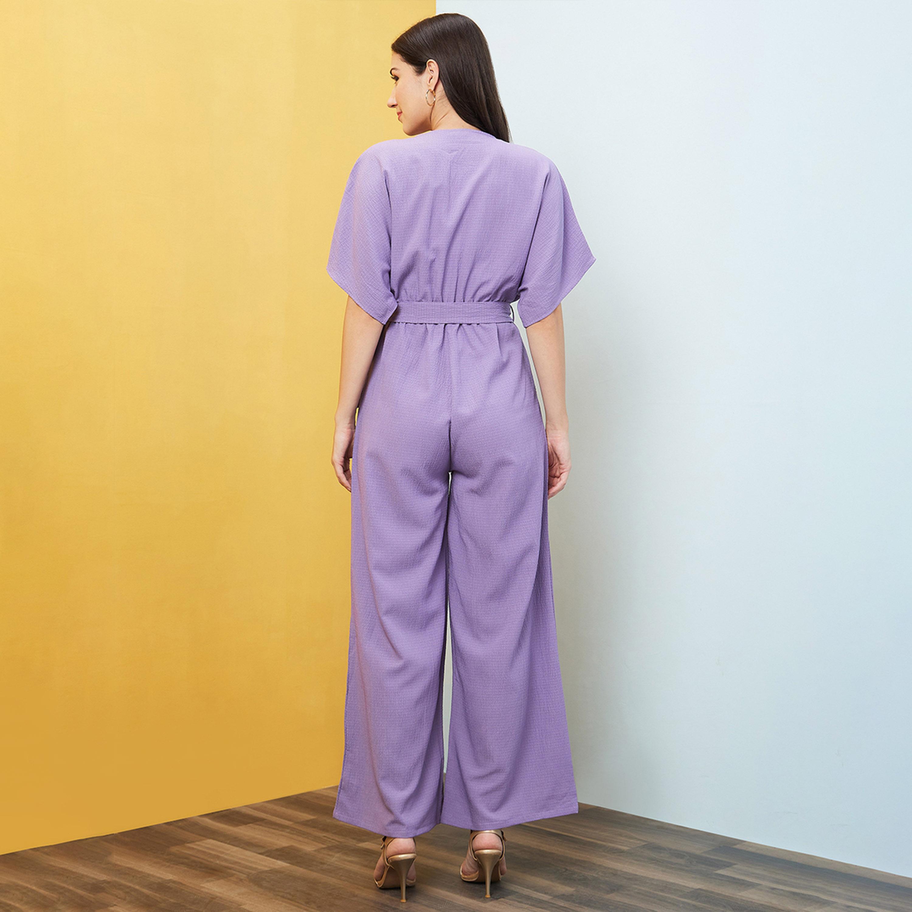 غلوبوس × ستايلي - جمبسوت سادة بفتحة رقبة على شكل حرف V وأكمام كيمونو ورباط على الخصر-women-clothing-jumpsuits-image-3