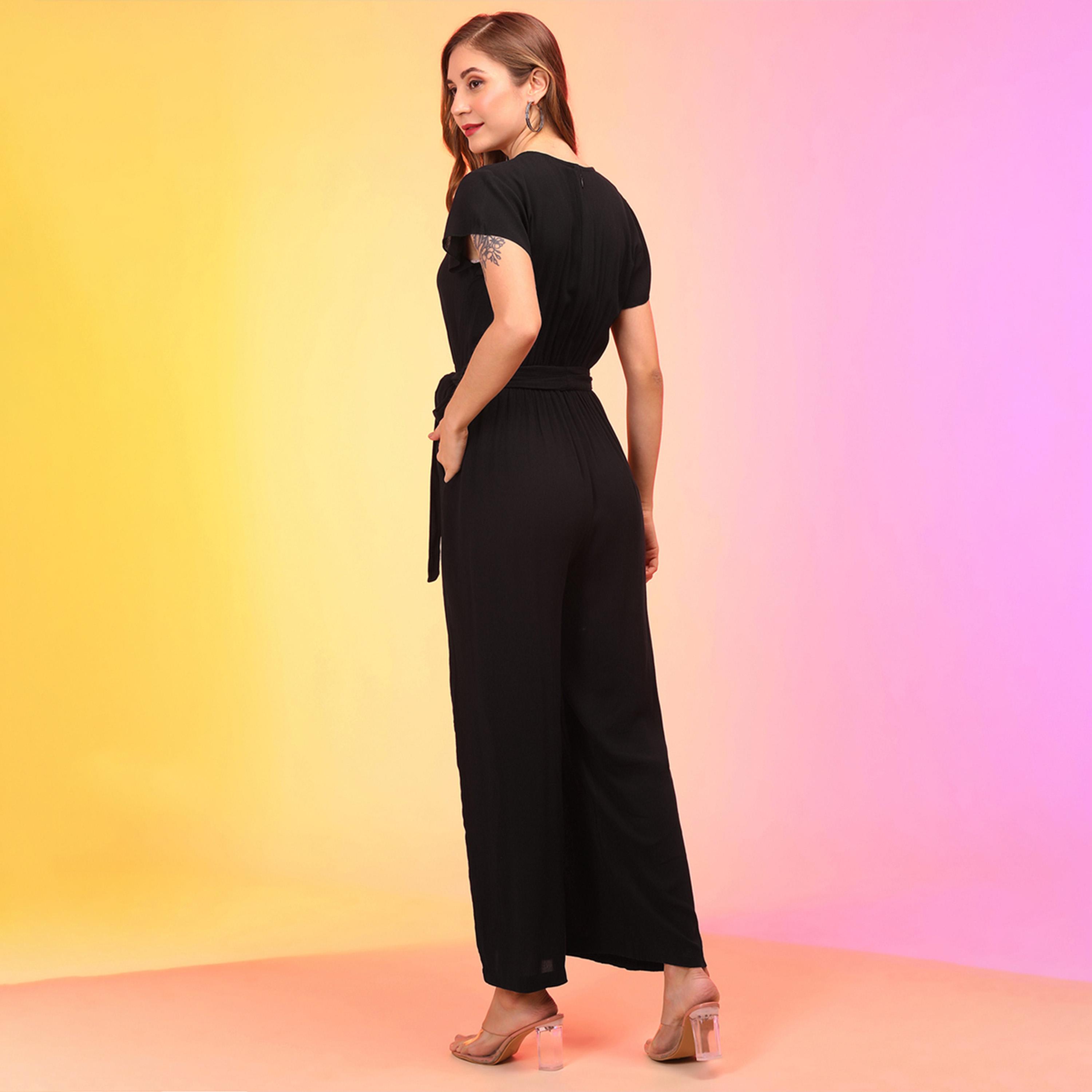 غلوبوس × ستايلي - جمبسوت نسائي أسود برباط على الخصر وفتحة رقبة على شكل V غلوبوس-women-clothing-jumpsuits-image-3