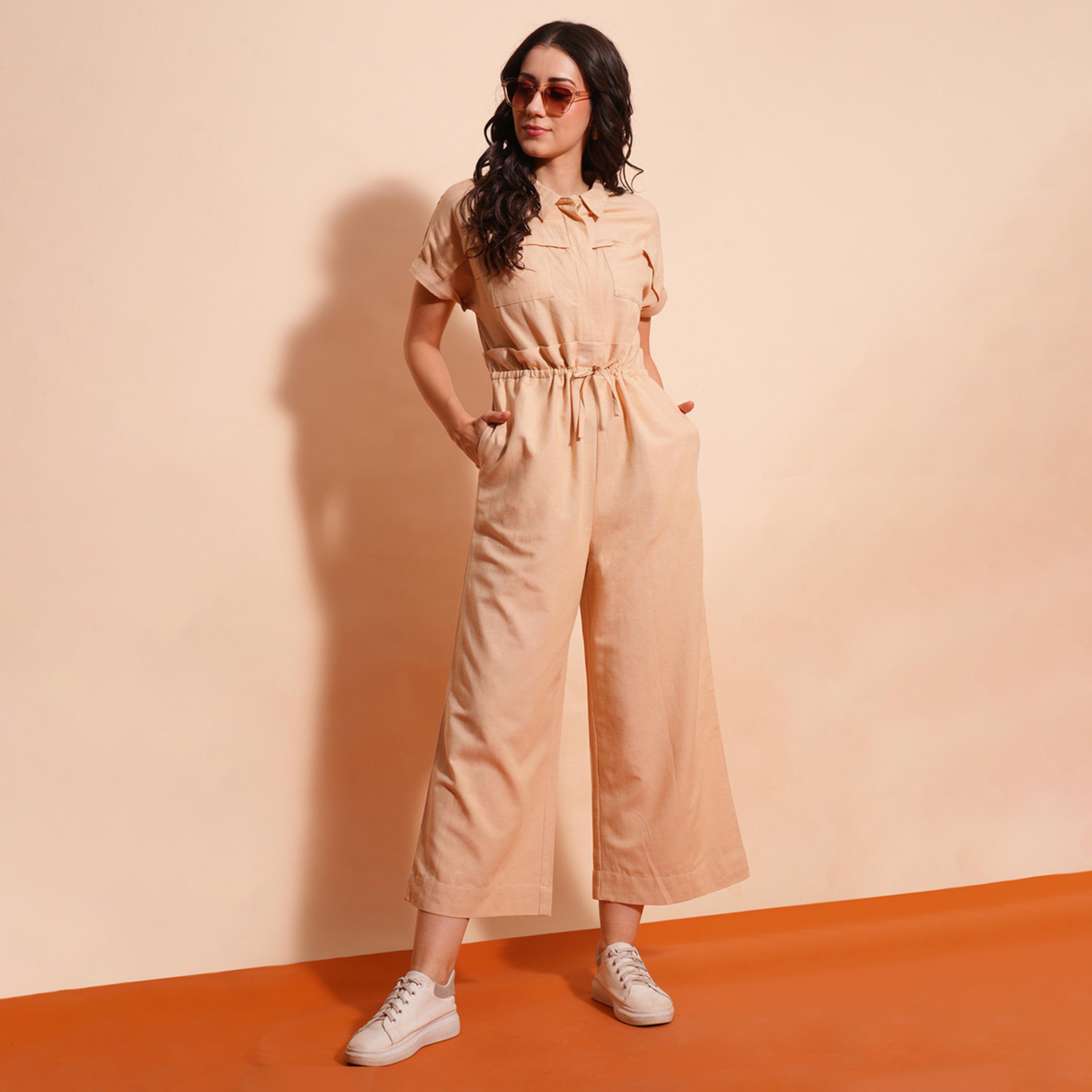 Globus X Styli Solid Spread Collar Waist Tie-Up Cargo Pockets Wide Leg Jumpsuit-women-clothing-jumpsuits-image-1