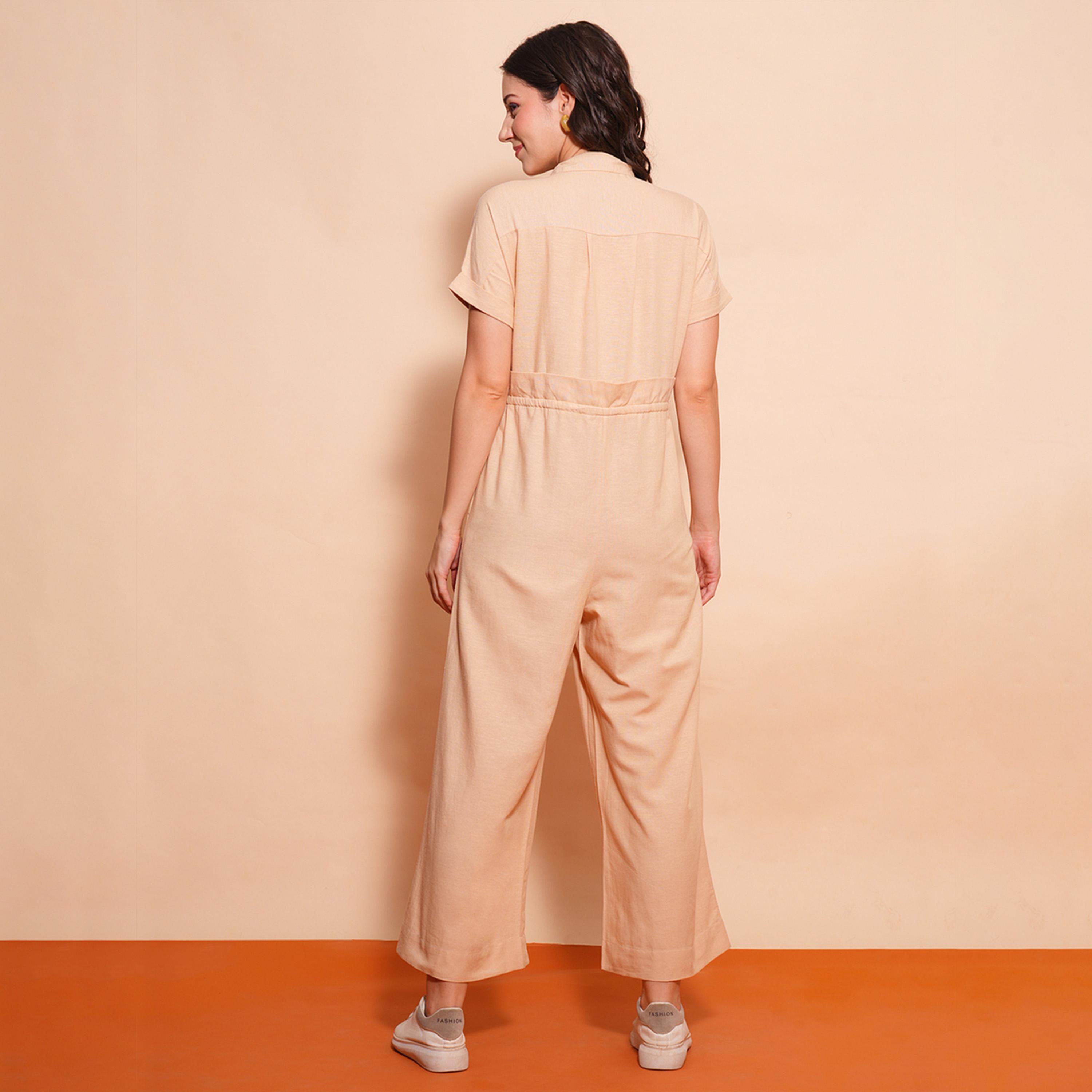Globus X Styli Solid Spread Collar Waist Tie-Up Cargo Pockets Wide Leg Jumpsuit-women-clothing-jumpsuits-image-3