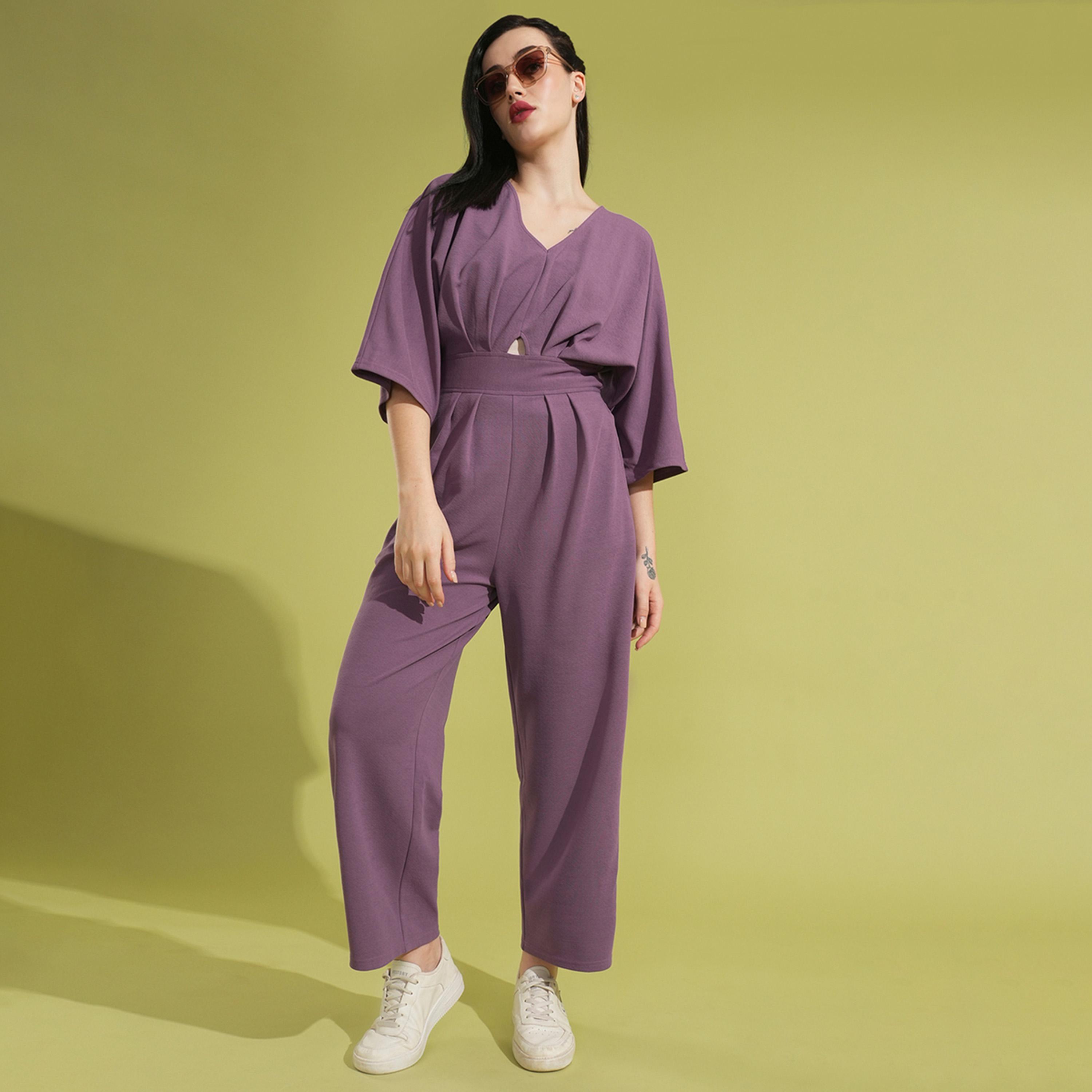 Globus X Styli Globus Women Mauve Solid V-Neck Batwing Sleeves Cut-Out Pleated Waist Smocked Jumpsuit-women-clothing-jumpsuits-image-1
