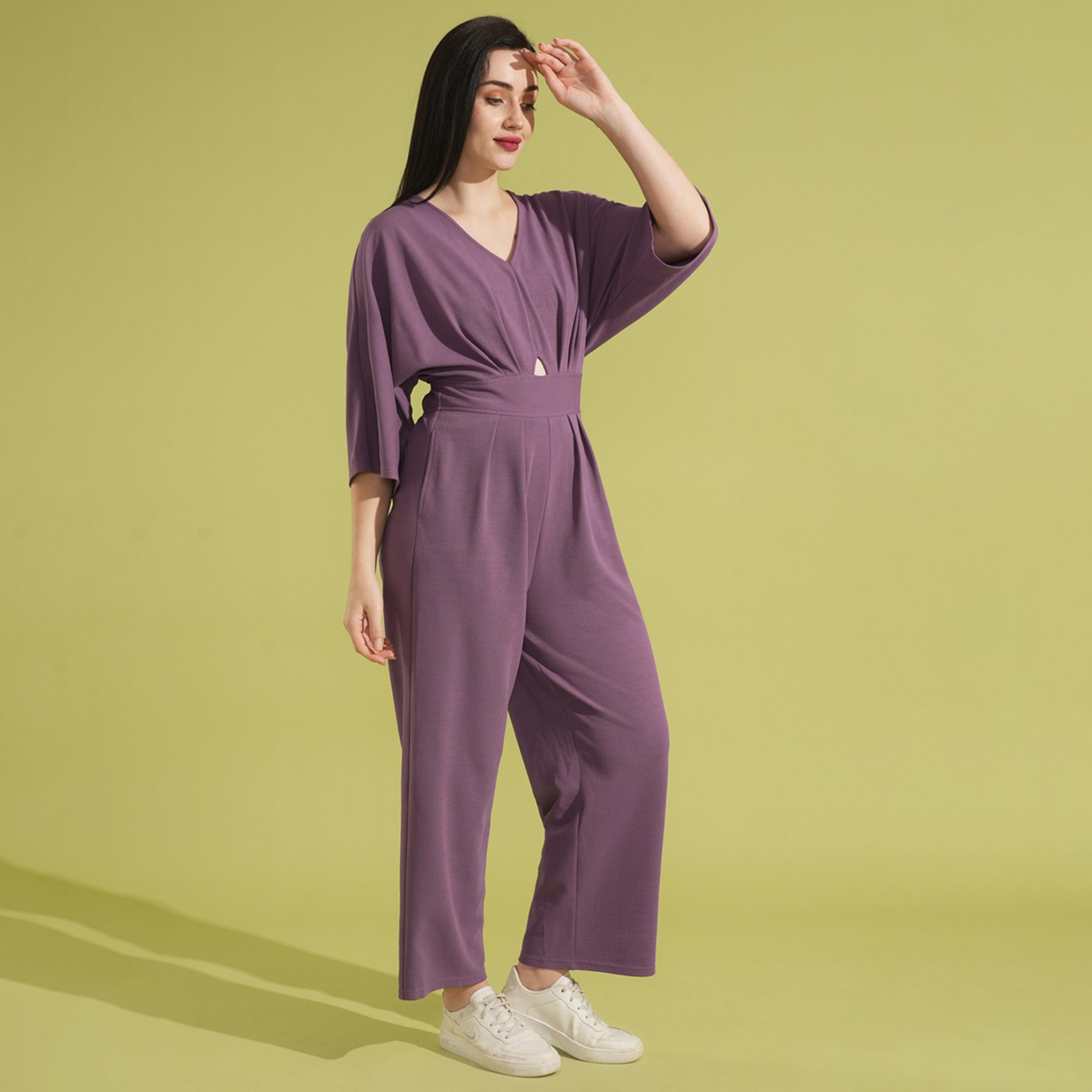 Globus X Styli Globus Women Mauve Solid V-Neck Batwing Sleeves Cut-Out Pleated Waist Smocked Jumpsuit-women-clothing-jumpsuits-image-2