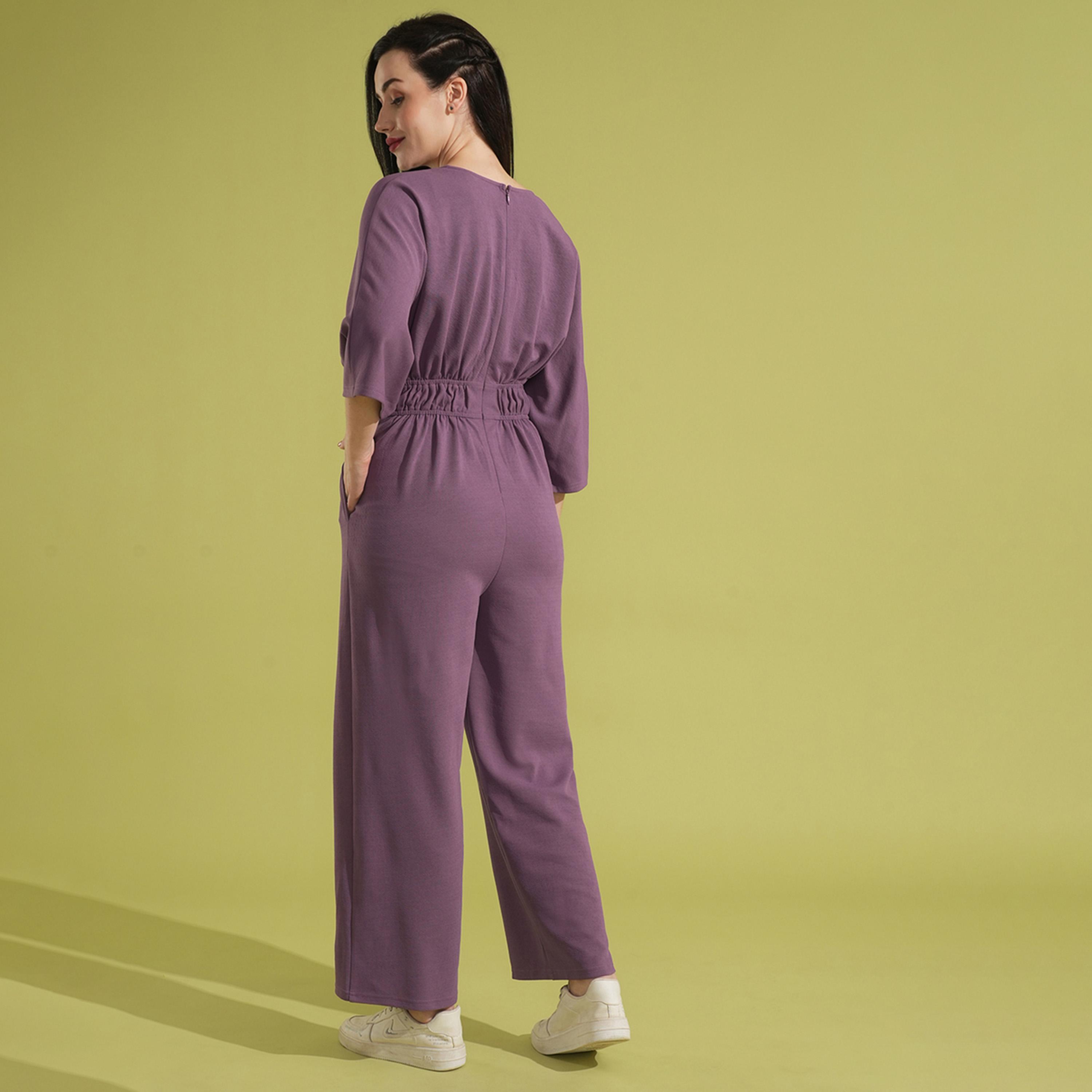 Globus X Styli Globus Women Mauve Solid V-Neck Batwing Sleeves Cut-Out Pleated Waist Smocked Jumpsuit-women-clothing-jumpsuits-image-3