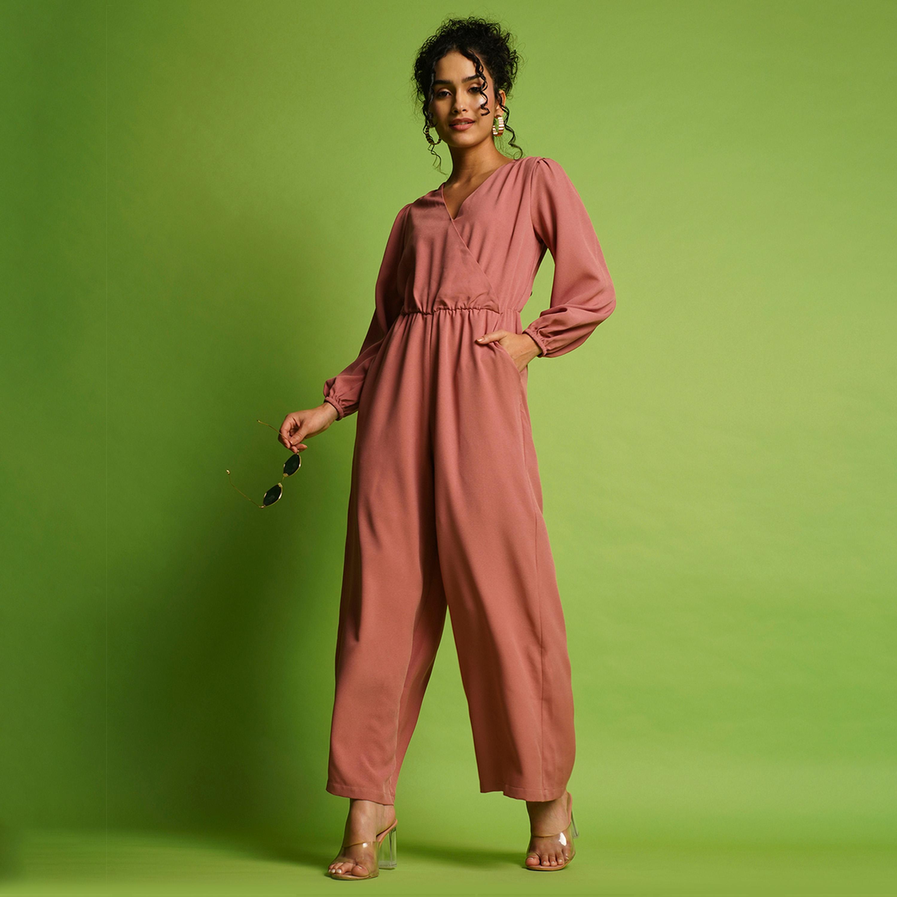 Globus X Styli Solid Wrap Neck Balloon Sleeves Gathered Waist Jumpsuit-women-clothing-jumpsuits-image-1