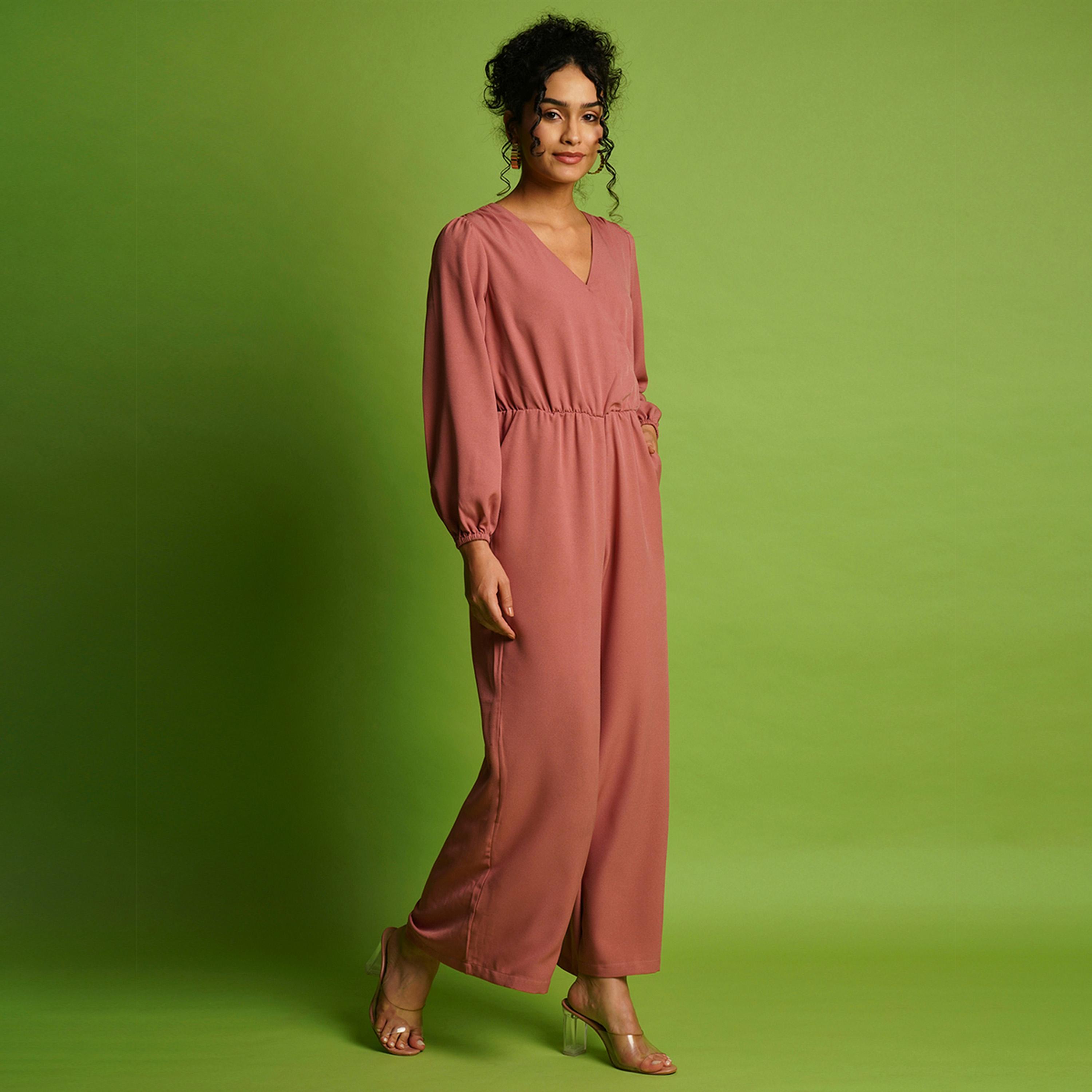 Globus X Styli Solid Wrap Neck Balloon Sleeves Gathered Waist Jumpsuit-women-clothing-jumpsuits-image-2