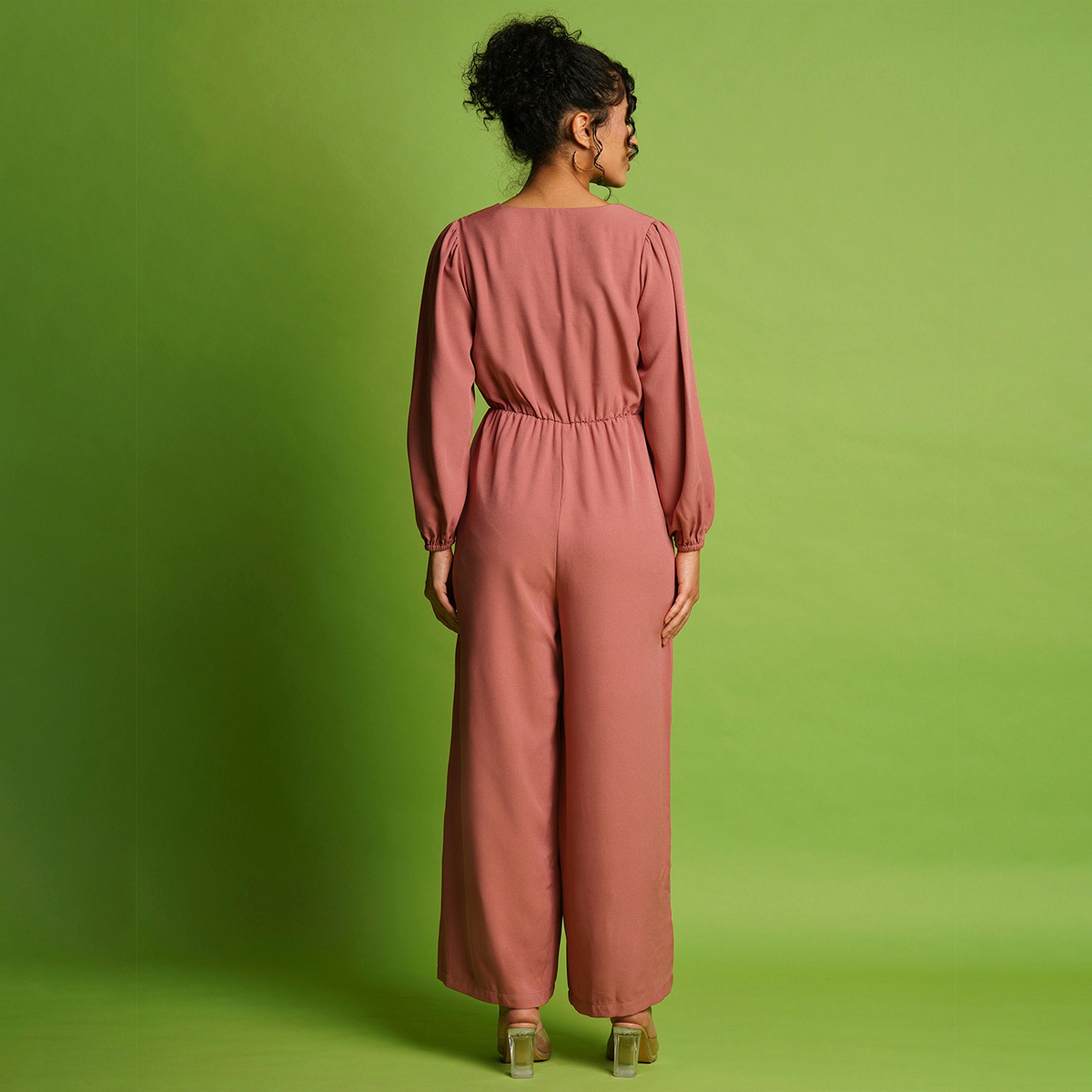 Globus X Styli Solid Wrap Neck Balloon Sleeves Gathered Waist Jumpsuit-women-clothing-jumpsuits-image-3