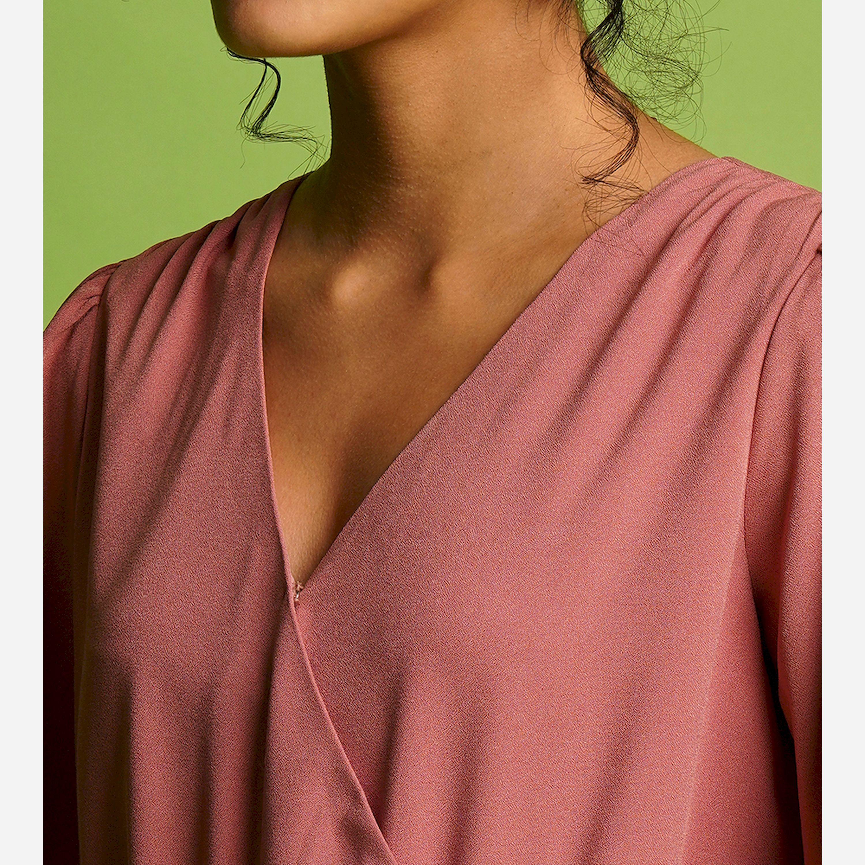 Globus X Styli Solid Wrap Neck Balloon Sleeves Gathered Waist Jumpsuit-women-clothing-jumpsuits-image-4