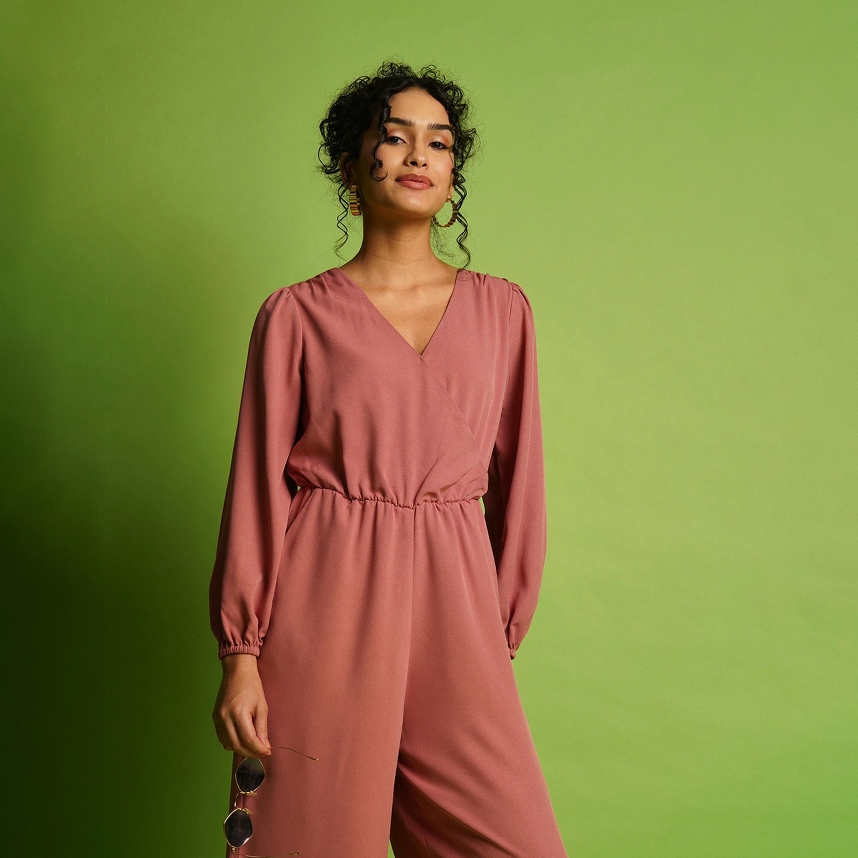 Globus X Styli Solid Wrap Neck Balloon Sleeves Gathered Waist Jumpsuit-women-clothing-jumpsuits-image-6