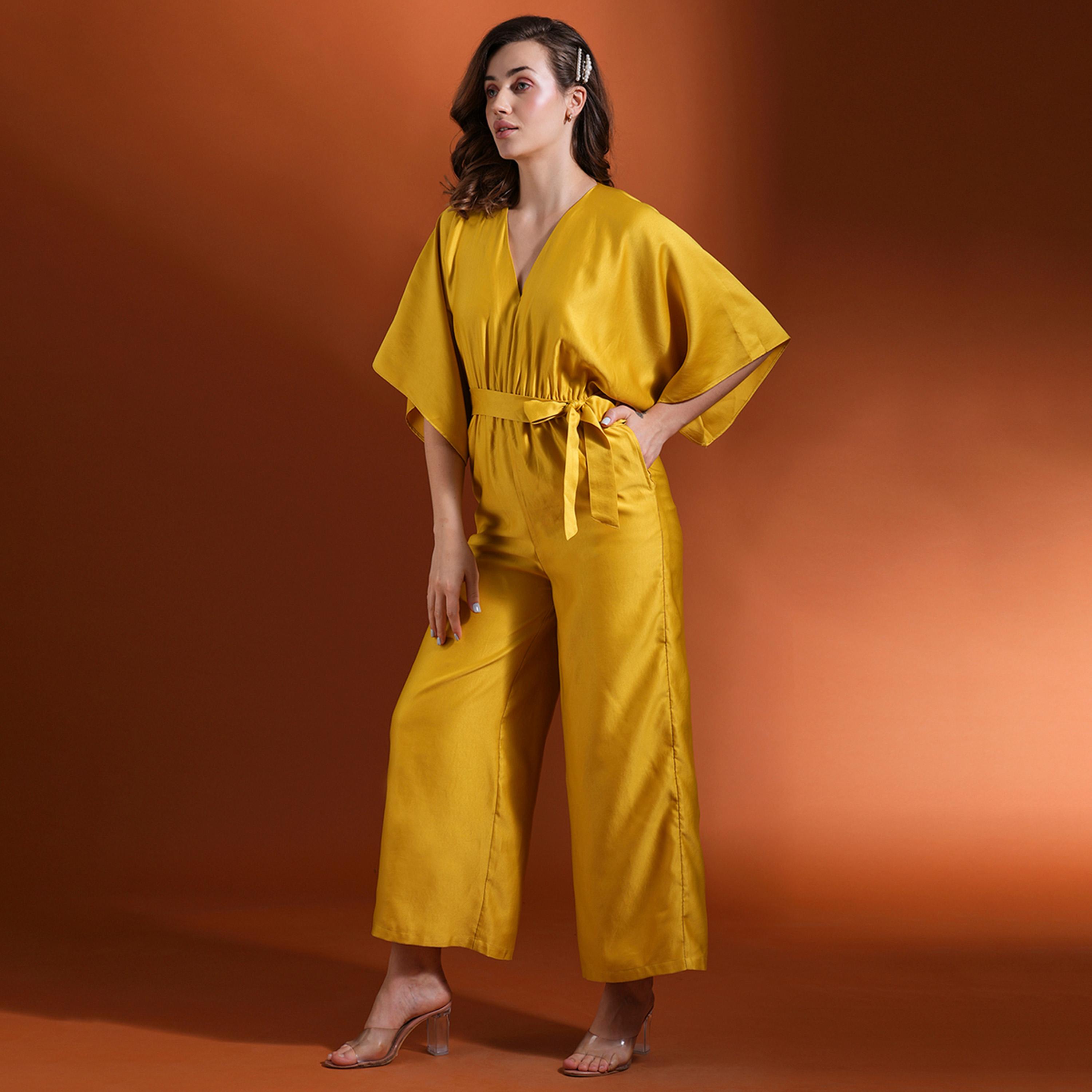 Globus X Styli Solid V Neck Kimono Sleeves Wide Leg Jumpsuit with Tie-Up-women-clothing-jumpsuits-image-2