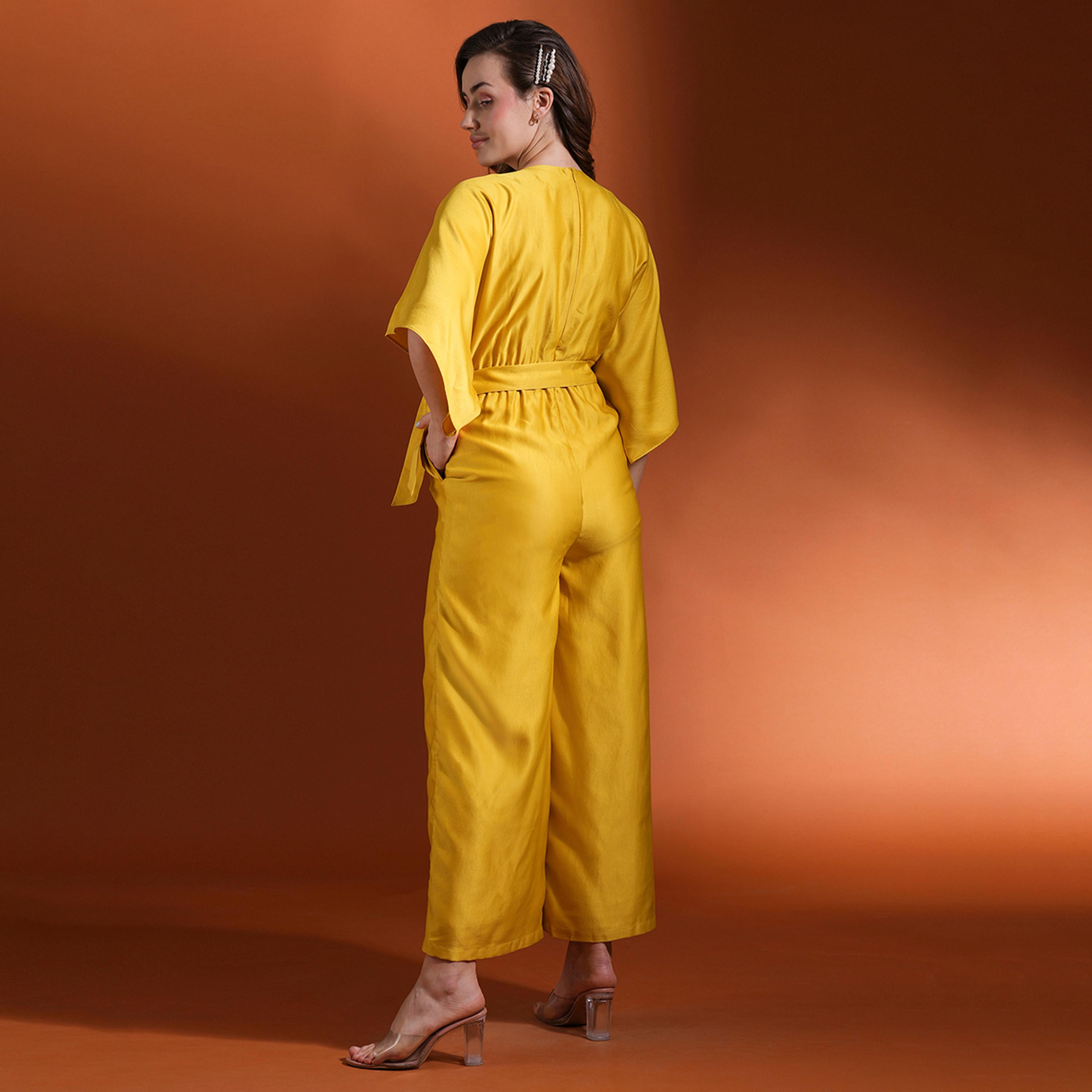 Globus X Styli Solid V Neck Kimono Sleeves Wide Leg Jumpsuit with Tie-Up-women-clothing-jumpsuits-image-3