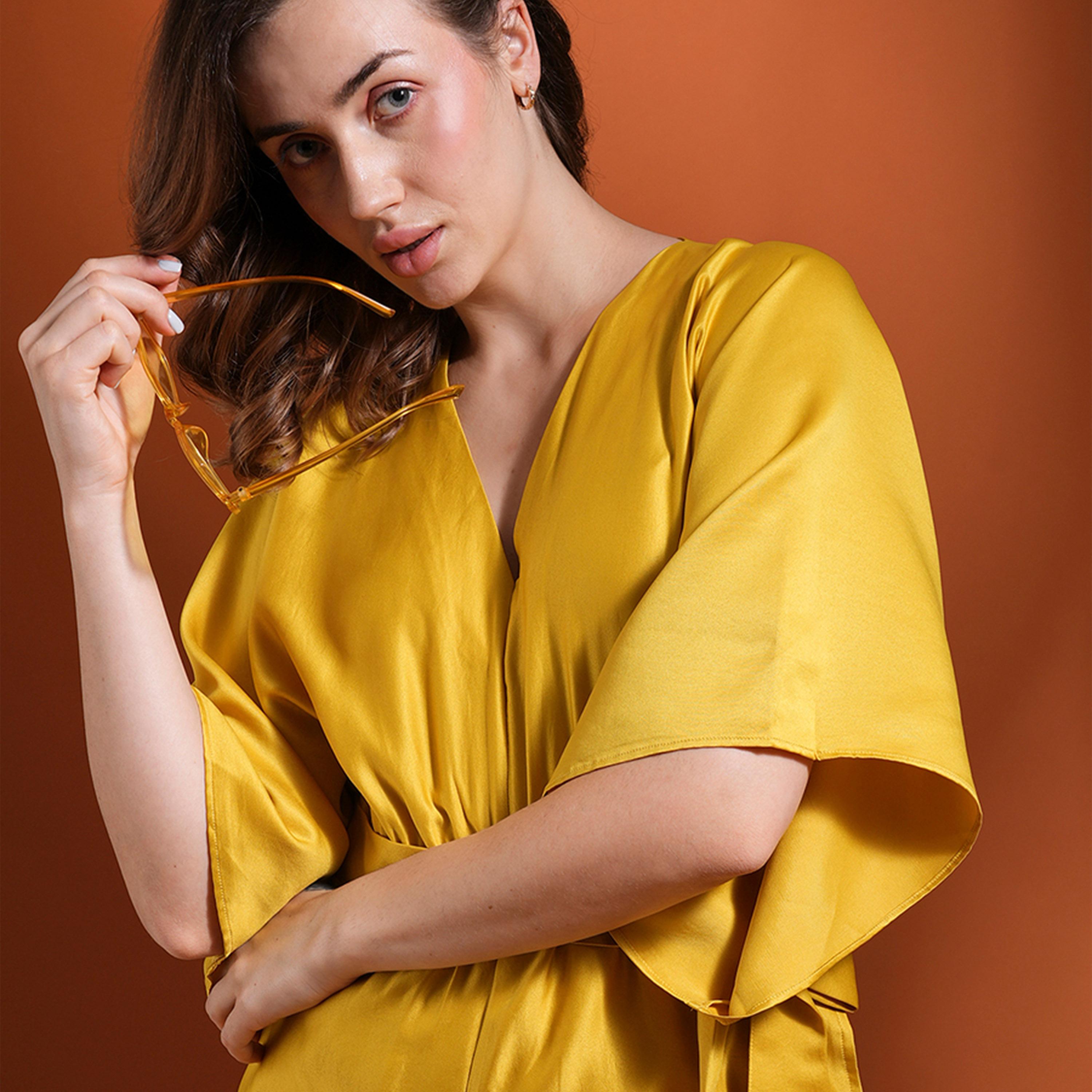 Globus X Styli Solid V Neck Kimono Sleeves Wide Leg Jumpsuit with Tie-Up-women-clothing-jumpsuits-image-5