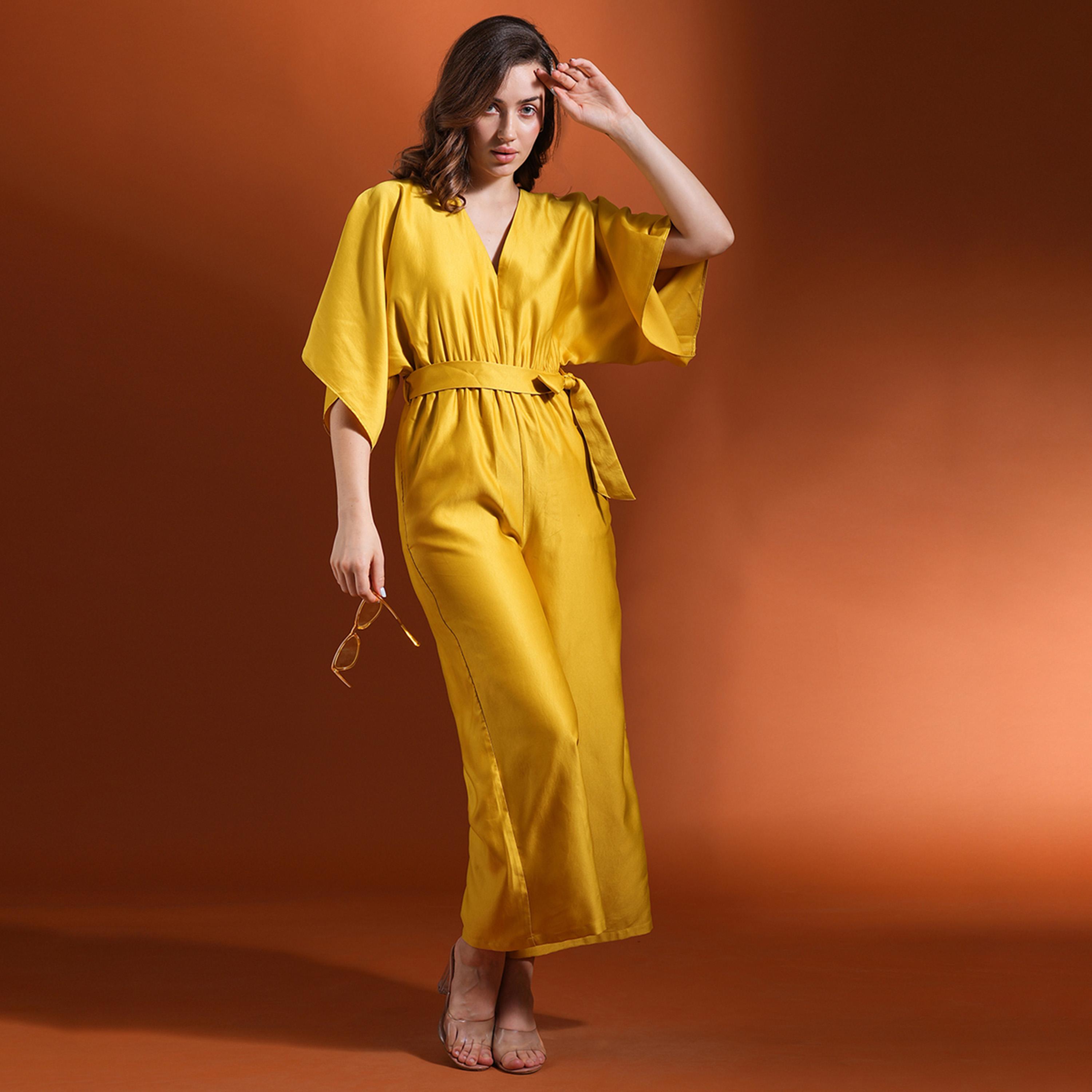 Globus X Styli Solid V Neck Kimono Sleeves Wide Leg Jumpsuit with Tie-Up-women-clothing-jumpsuits-image-6