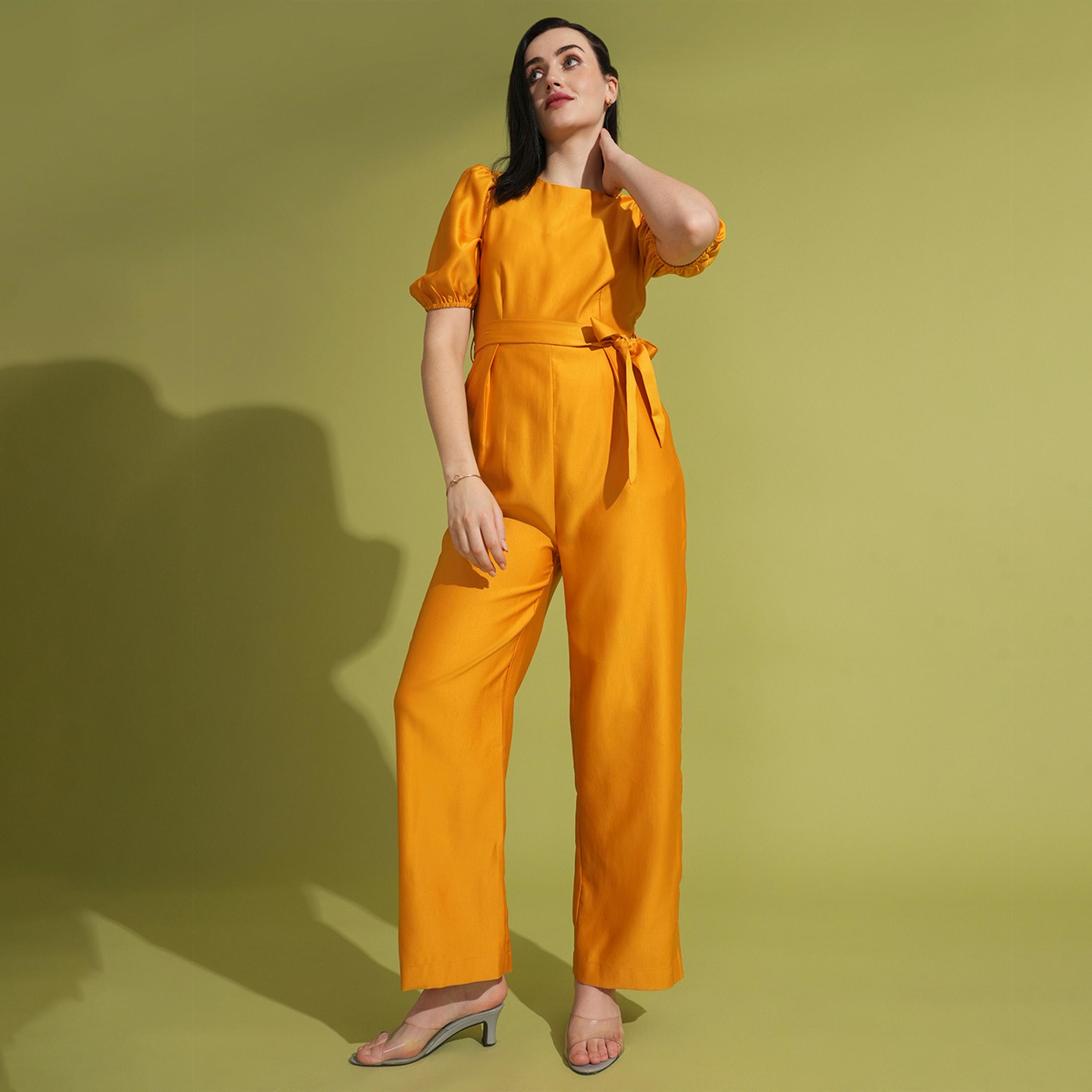 Globus X Styli Solid Round Neck Puff Sleeve Waist Tie-Up Jumpsuit-women-clothing-jumpsuits-image-1