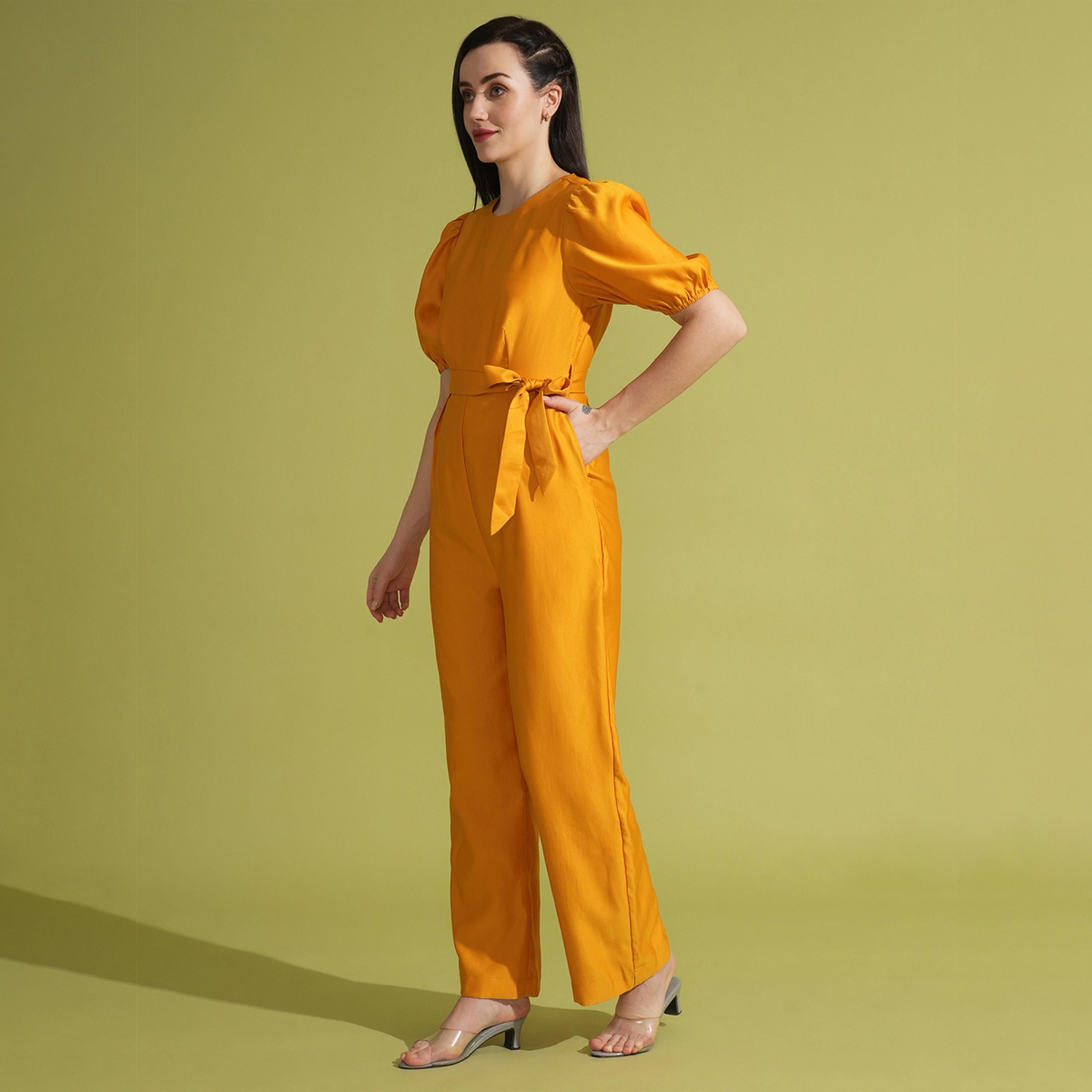 Globus X Styli Solid Round Neck Puff Sleeve Waist Tie-Up Jumpsuit-women-clothing-jumpsuits-image-2